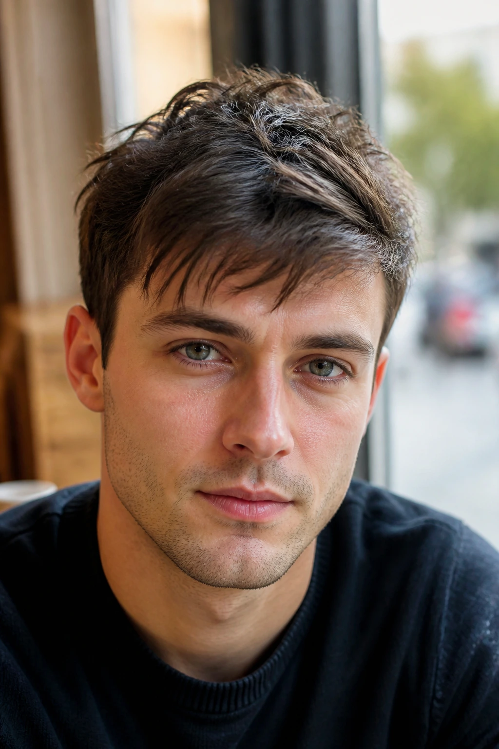 Front-facing portrait of a man with forward fringe and soft quiff