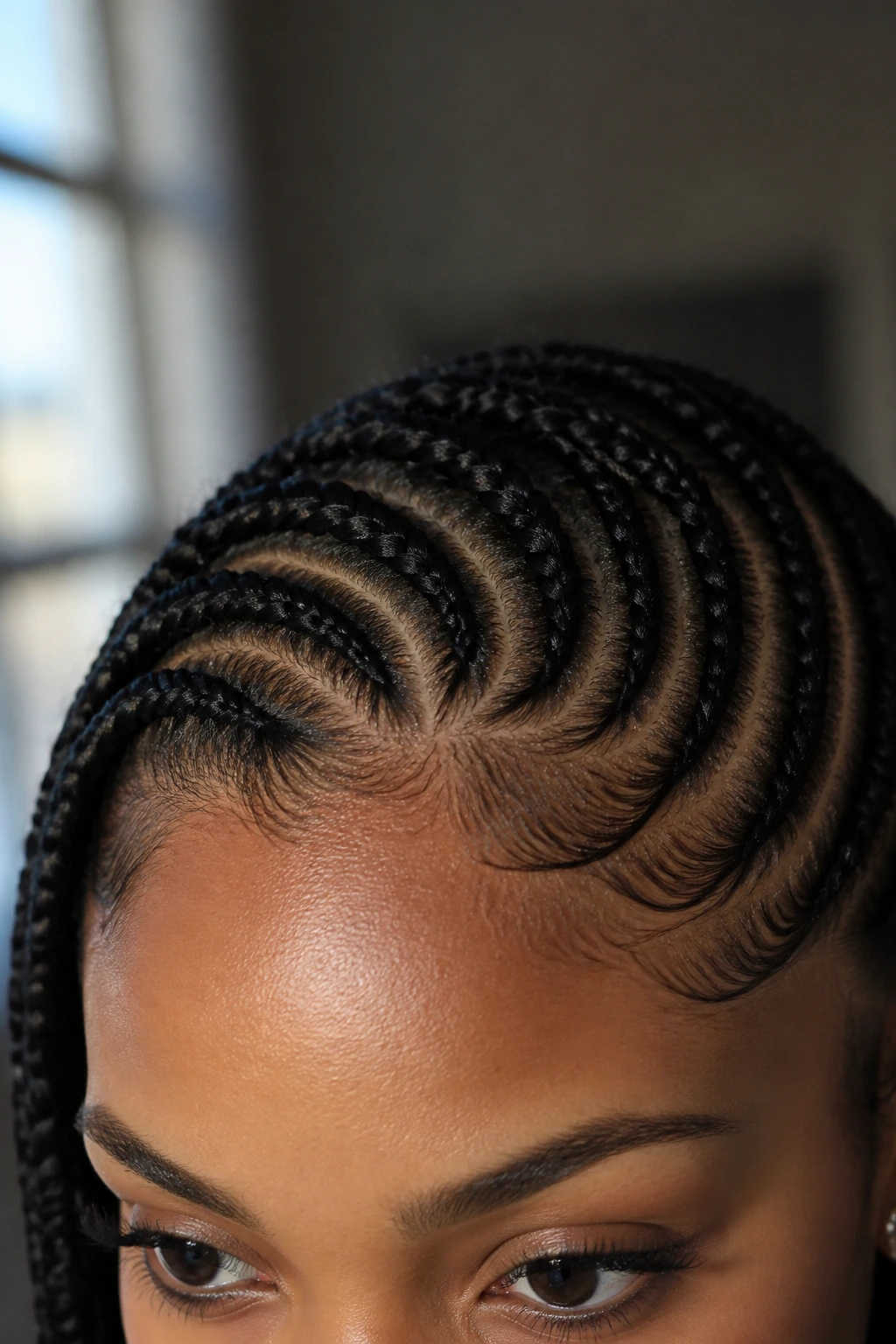 Close-up of hairline with soft knotless front braid on a real person.