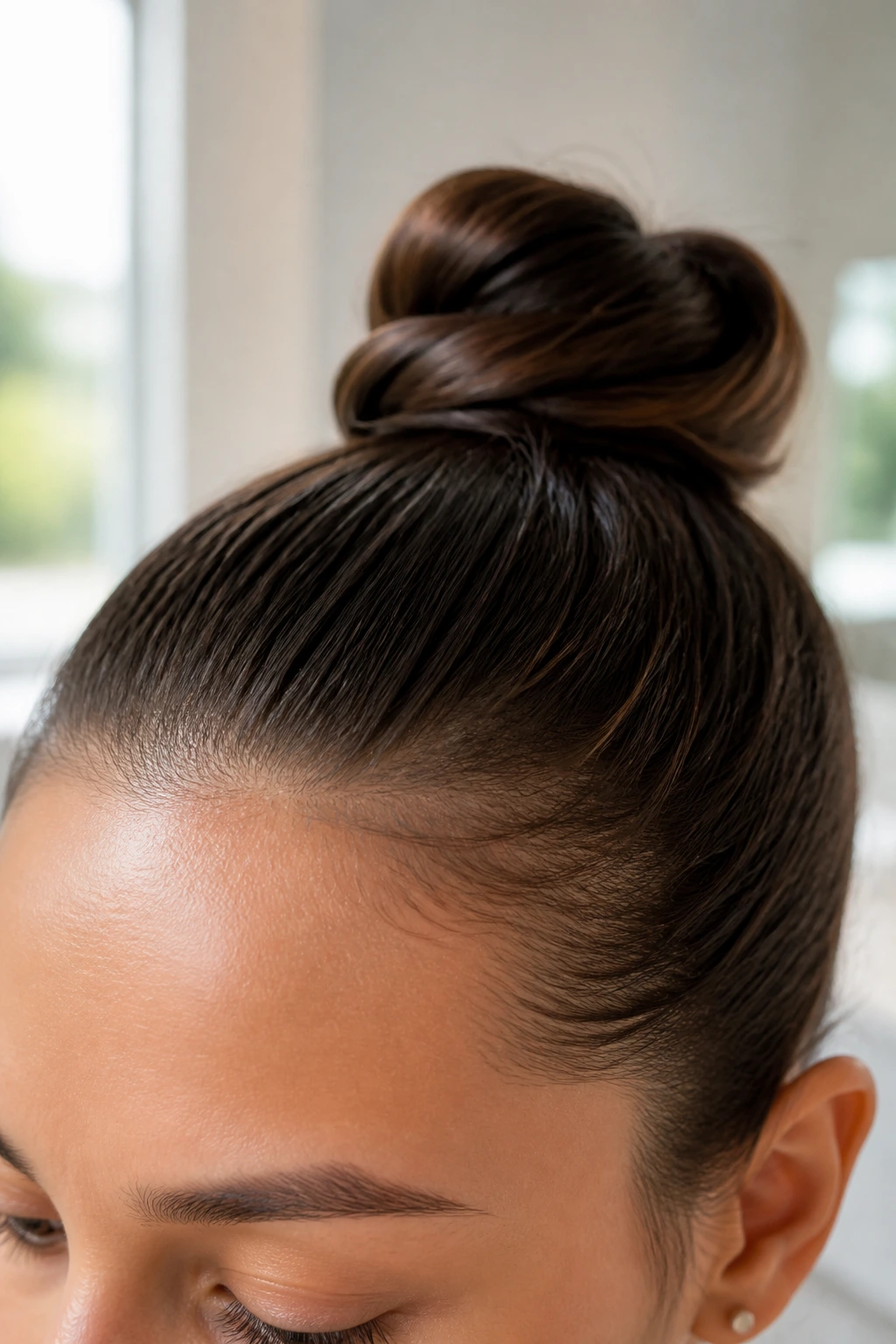 Close-up of a real person's hairline showing a smooth, polished front.