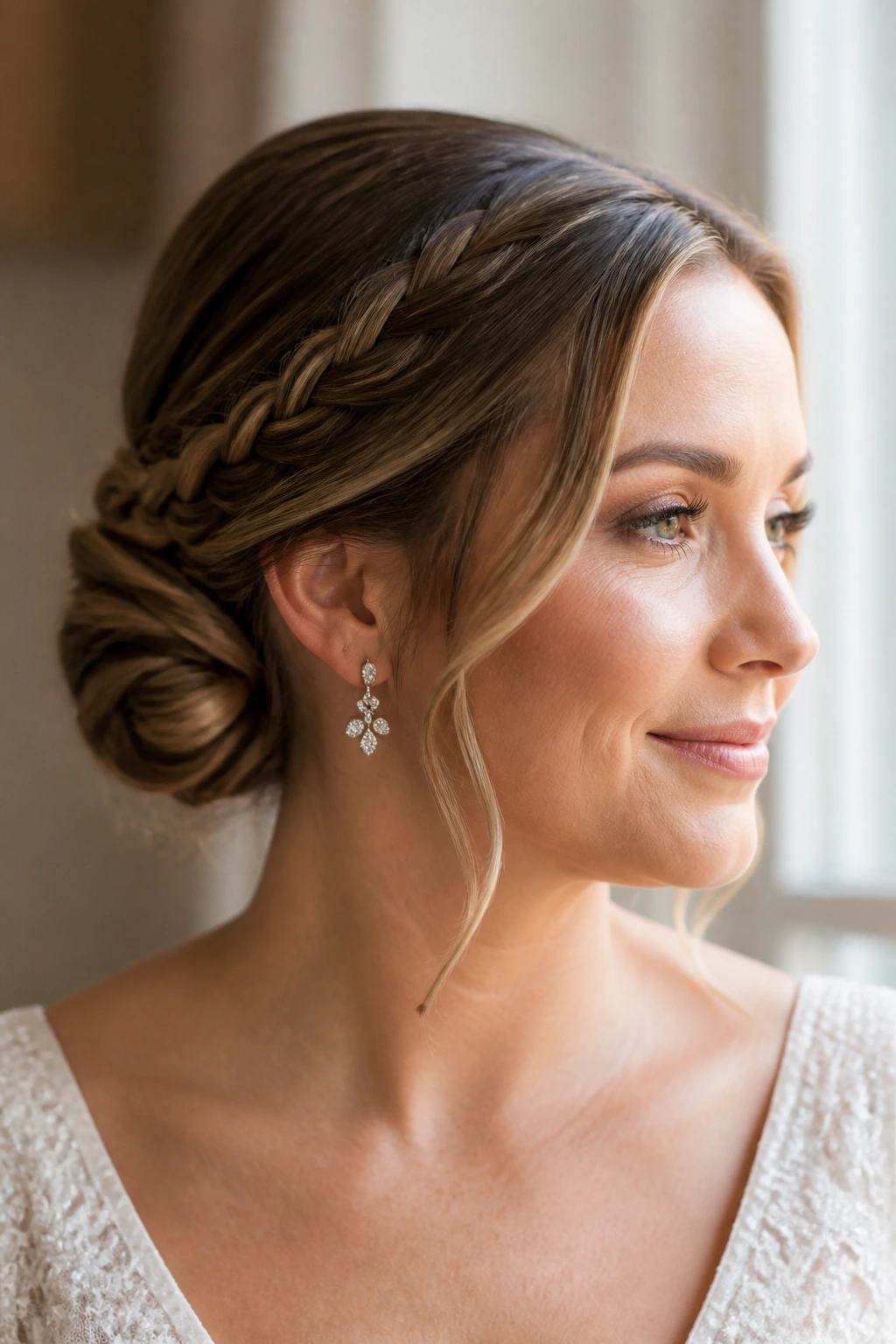 Bridal no-tease low bun with rope braid accent