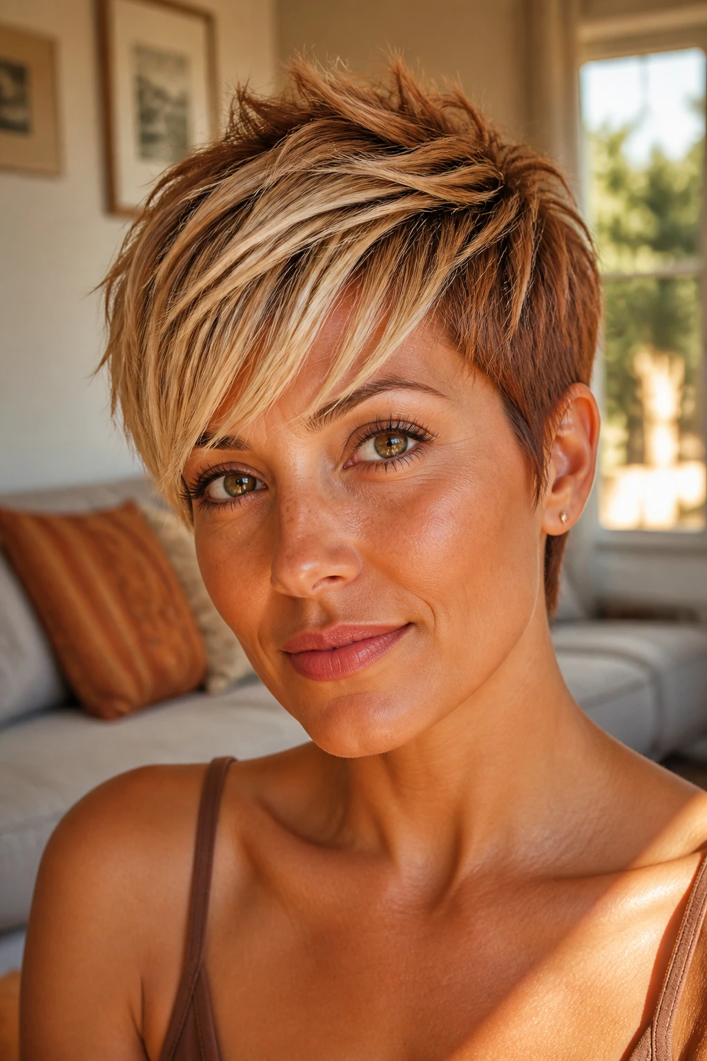 Close-up portrait of a real woman with a cinnamon pixie and blonde fringe in warm window light