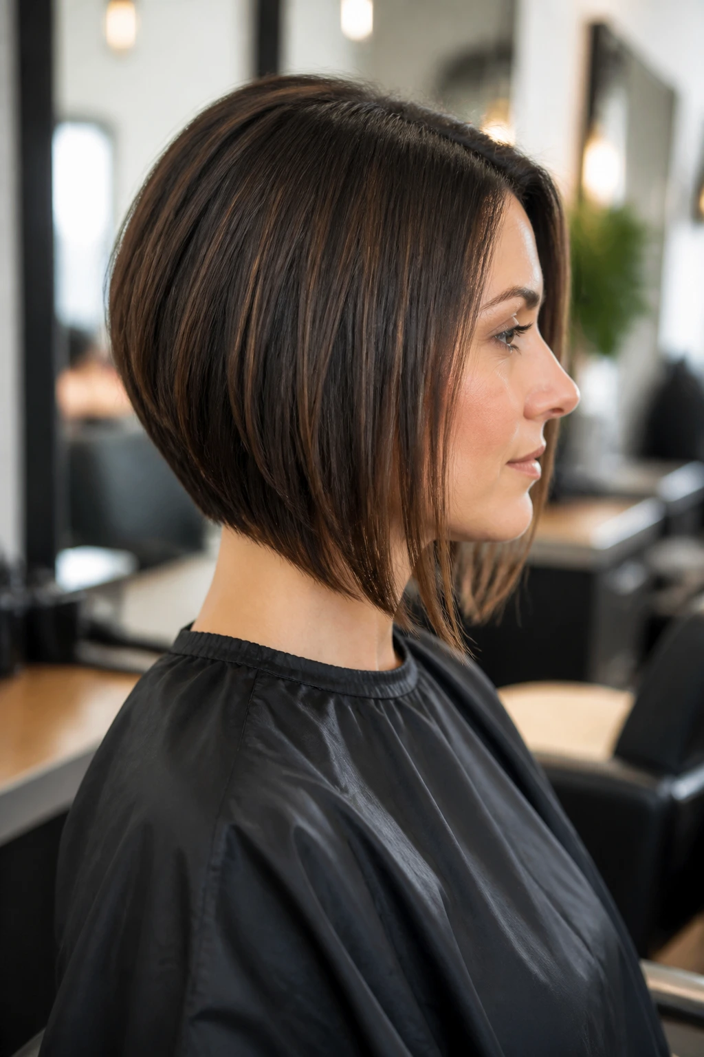 Side-profile portrait showing how to request the right angled bob version