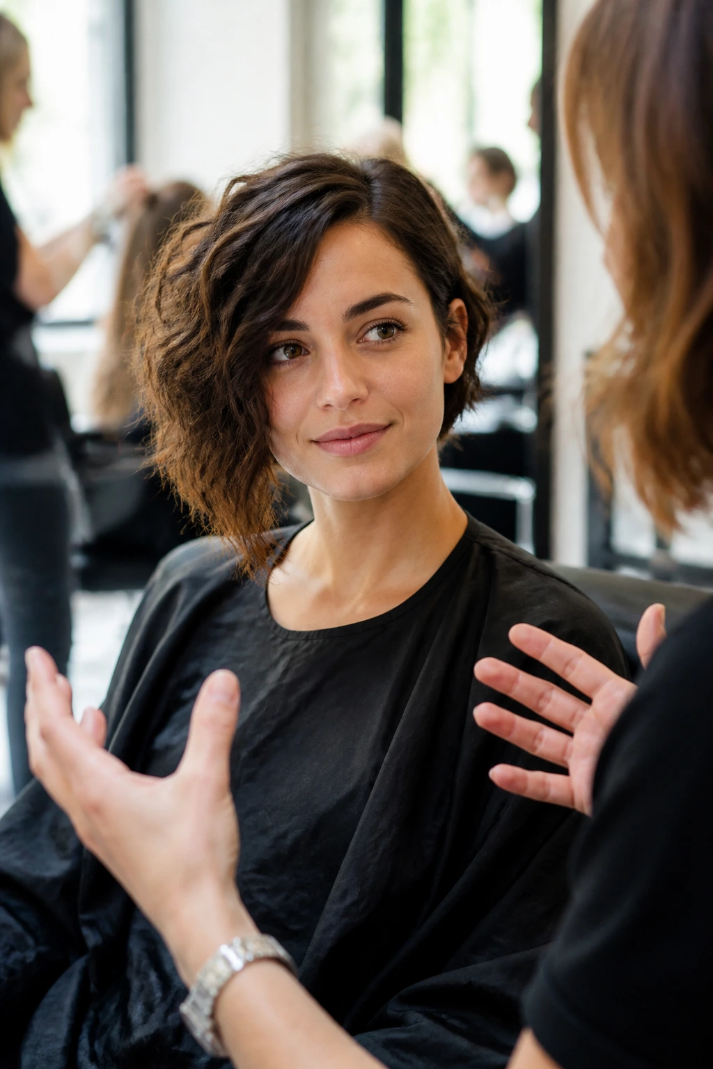 Real client in a salon consult about first snip, hair prepared for an asymmetrical cut