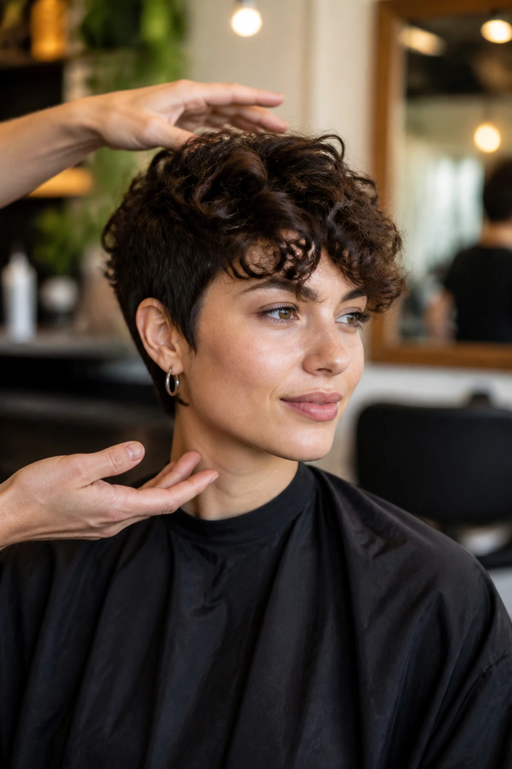 Client in a salon discussing haircut shape with a stylist.