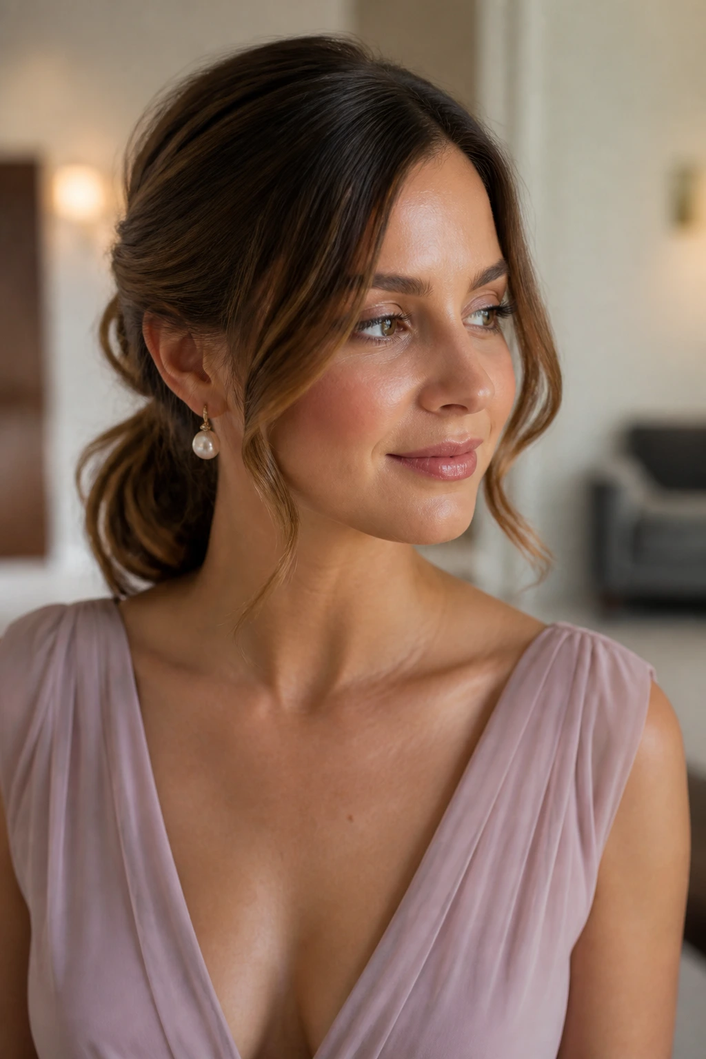 Portrait of woman with hairstyle coordinating with neckline and earrings