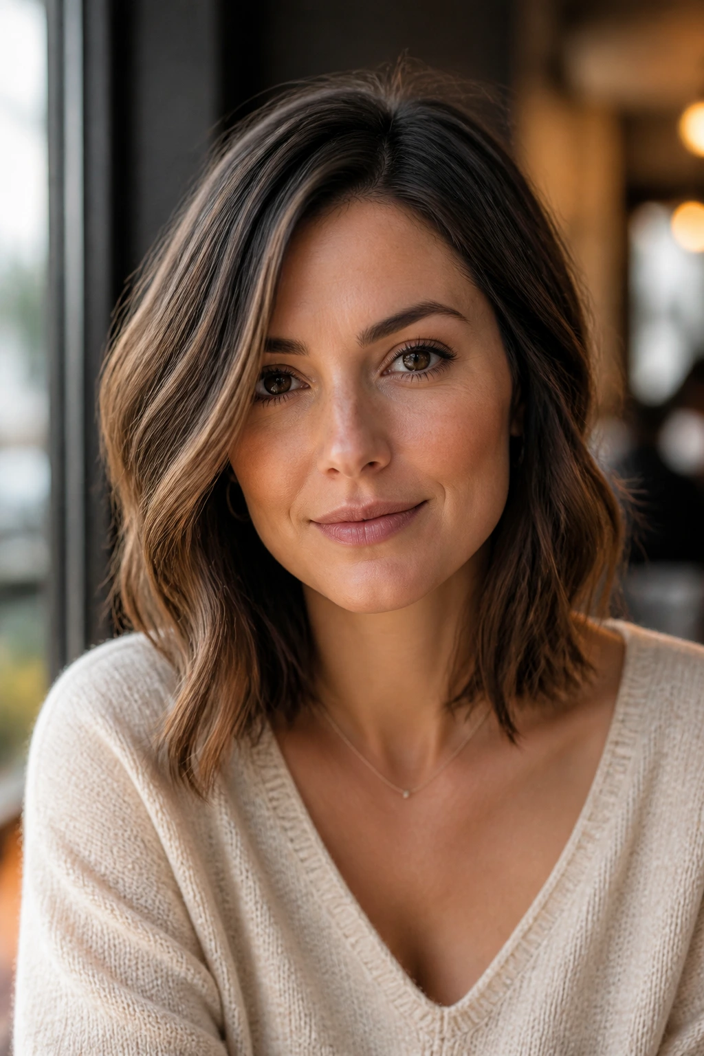 Portrait showing hair shape and movement around forehead and jaw in a cafe setting