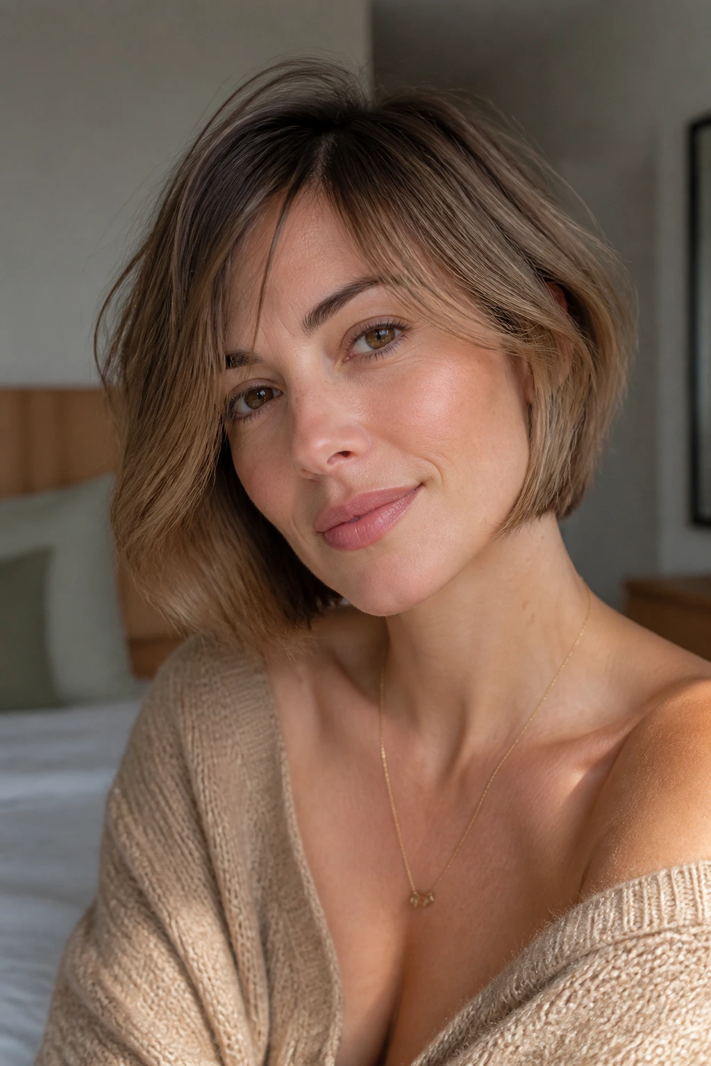 Close-up portrait showing soft hair movement and gentle jawline framing for fine hair on a square face