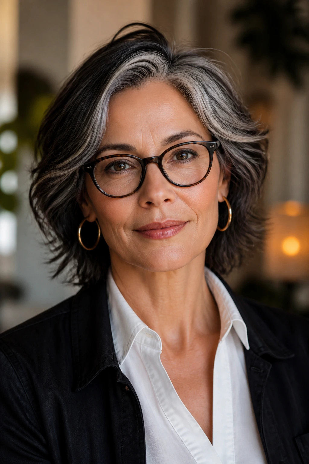 Real person wearing glasses and a collared shirt, hairstyle framing the face.