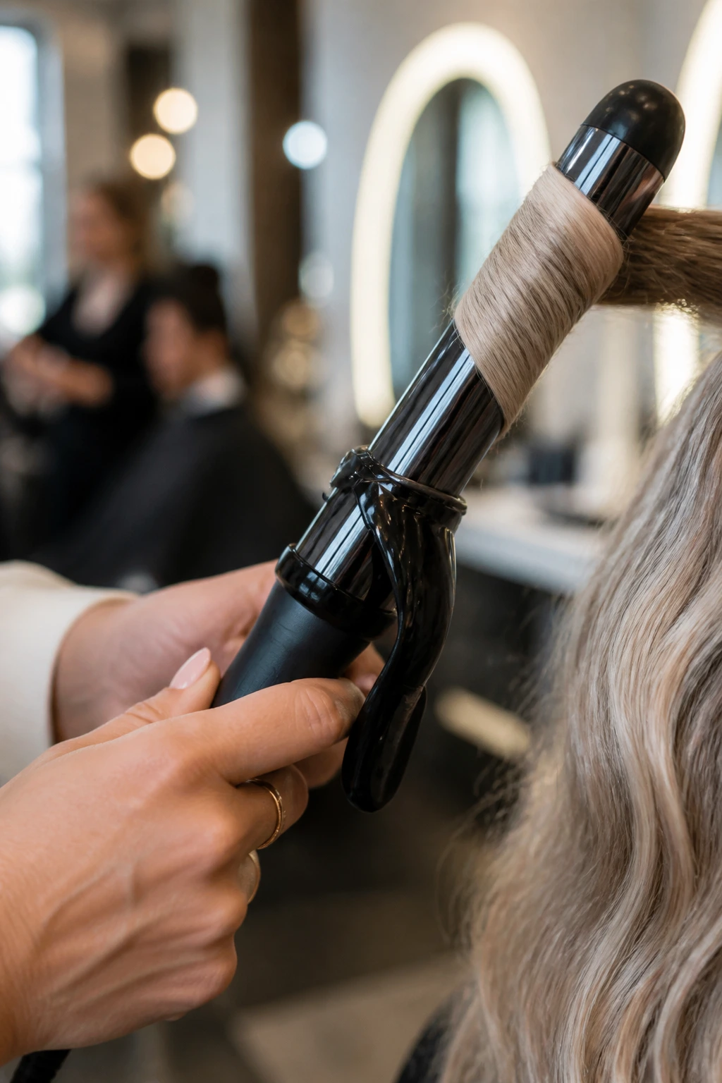 Hands holding a curling iron in a salon setting