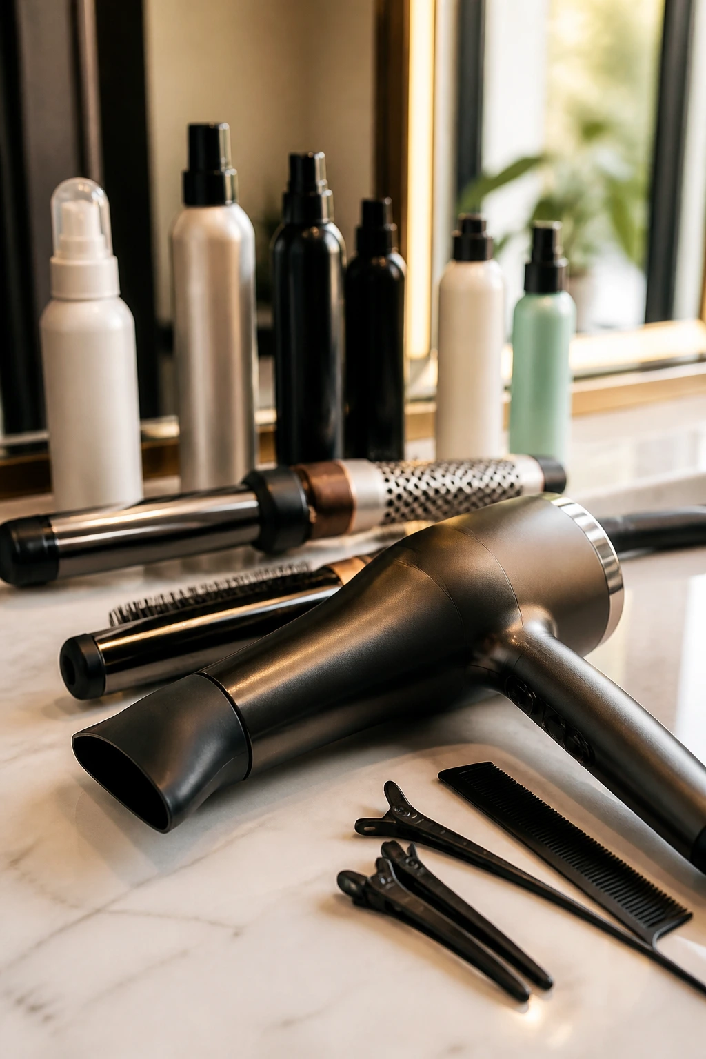 Close-up of professional hair styling tools on a salon counter, with a blow-dryer in focus.