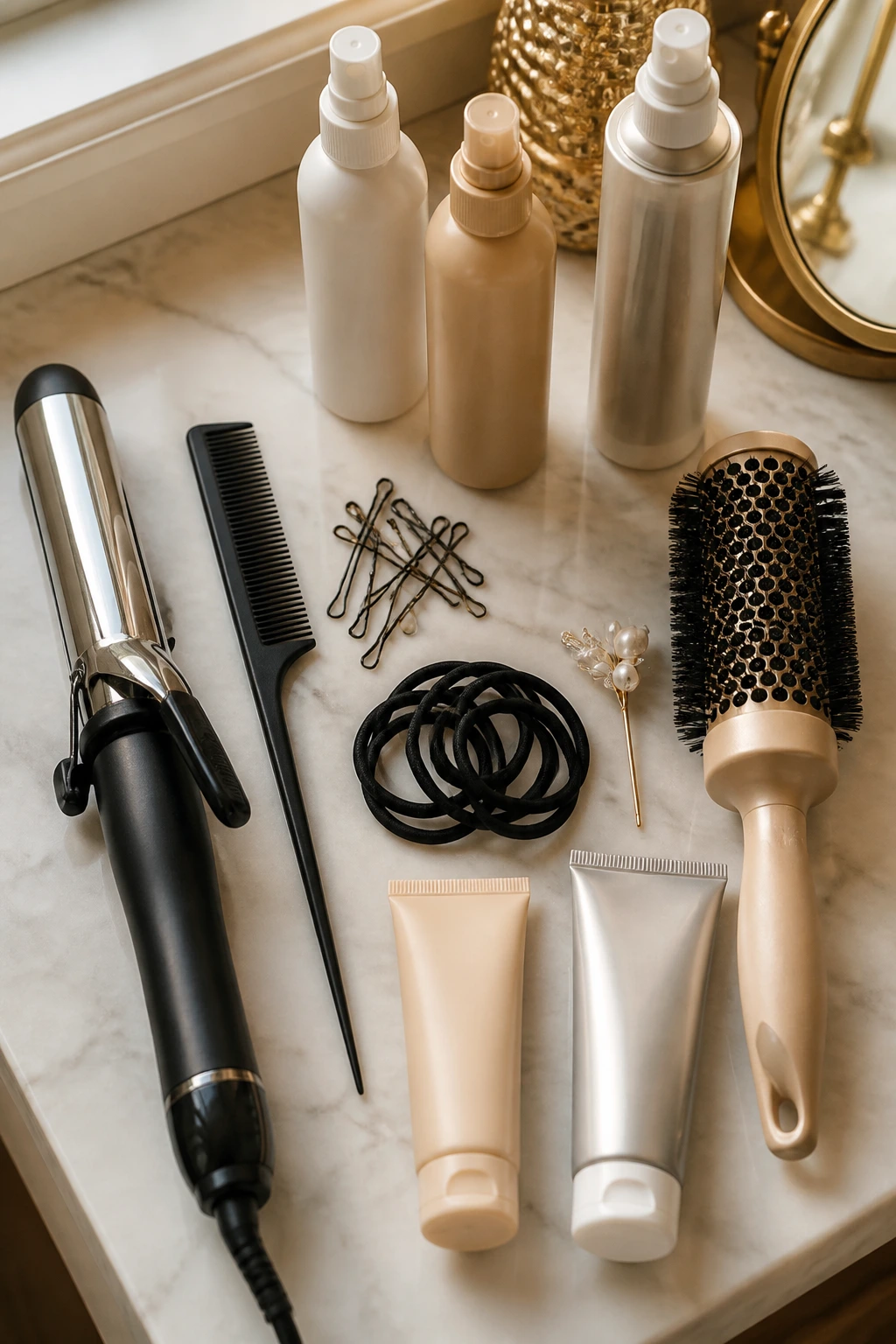 Top-down shot of essential hairstyling tools arranged on a vanity
