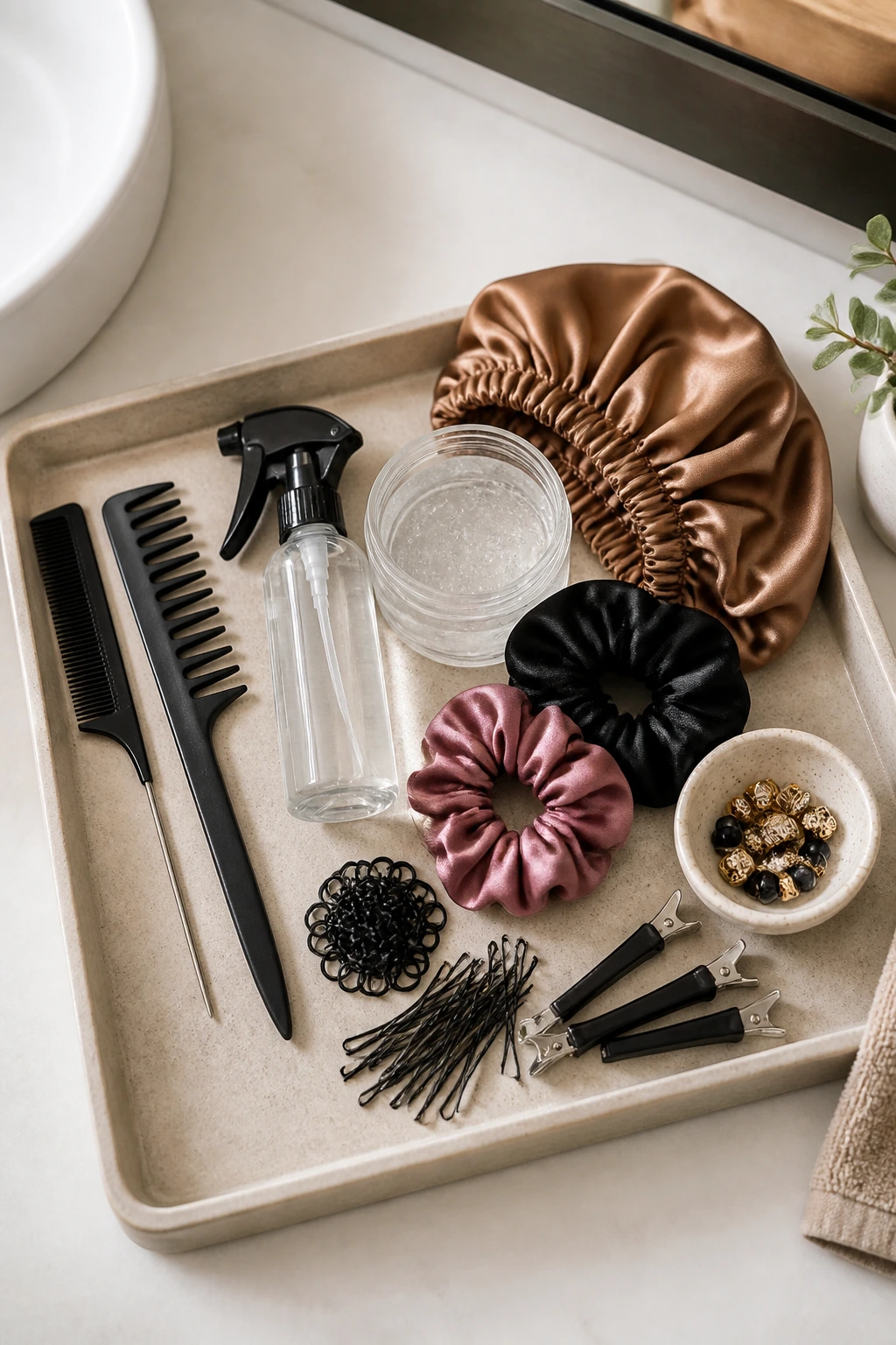 Top-down view of a vanity tray with braiding tools