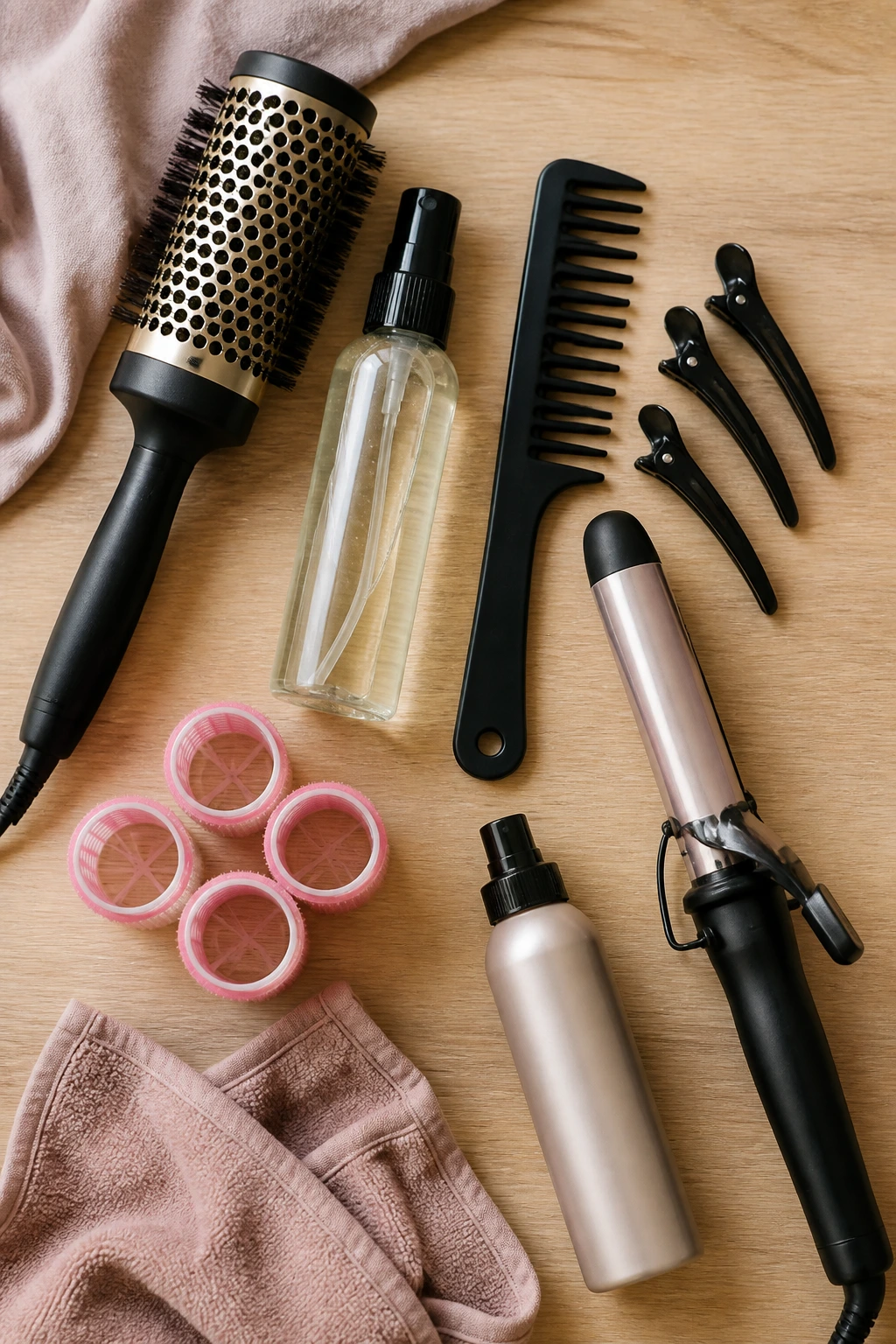 Flat lay of essential hair styling tools for long layered cuts