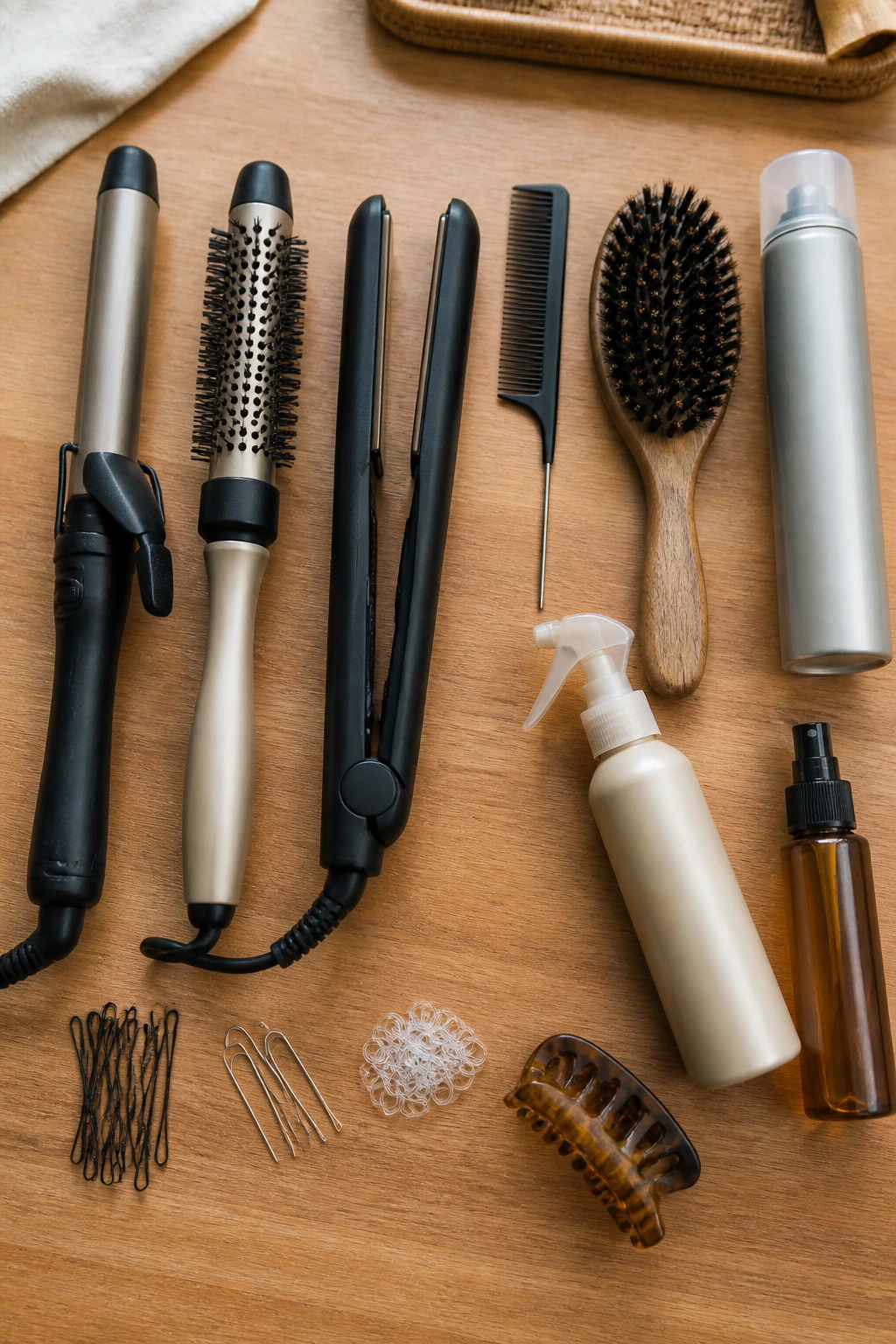 Flat lay of essential hairstyling tools on wood surface