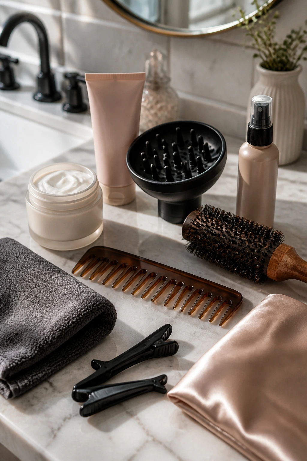 Close-up of essential hairstyling tools on bathroom counter