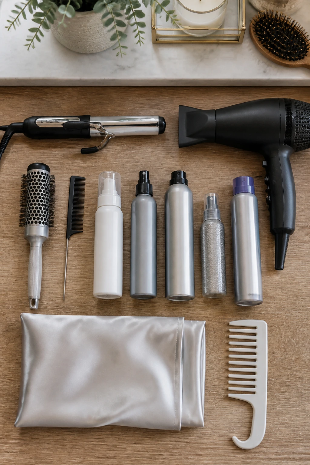 Flat-lay of essential tools and products for babylights styling
