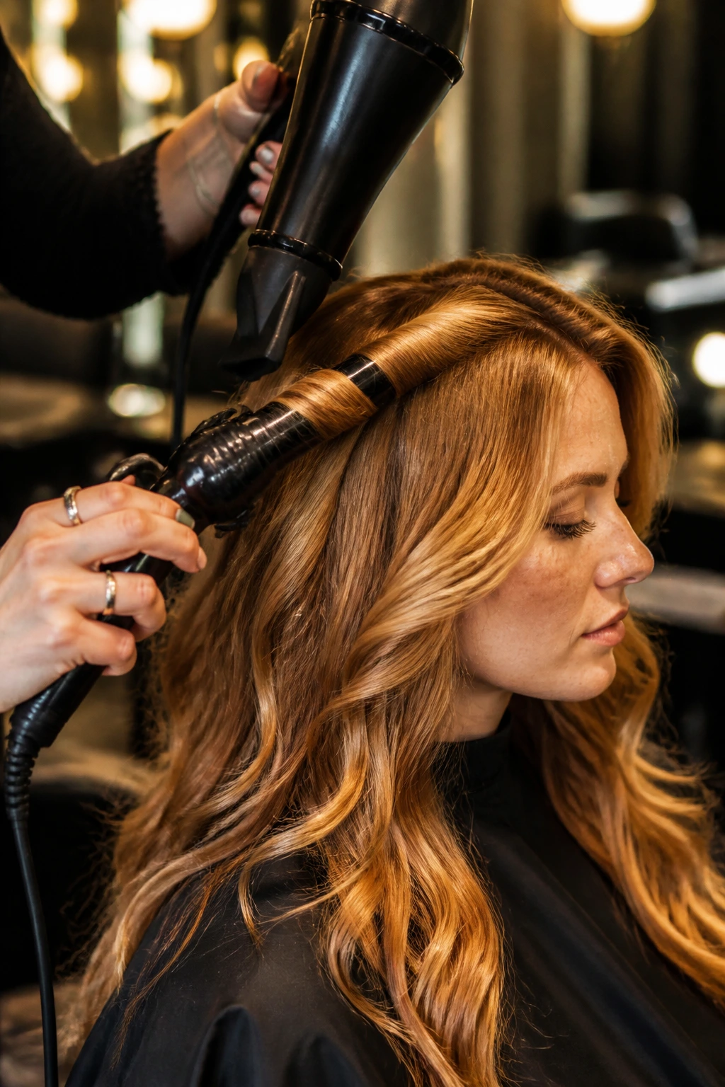 Real person in salon using curling iron and blow dryer to style strawberry blonde hair