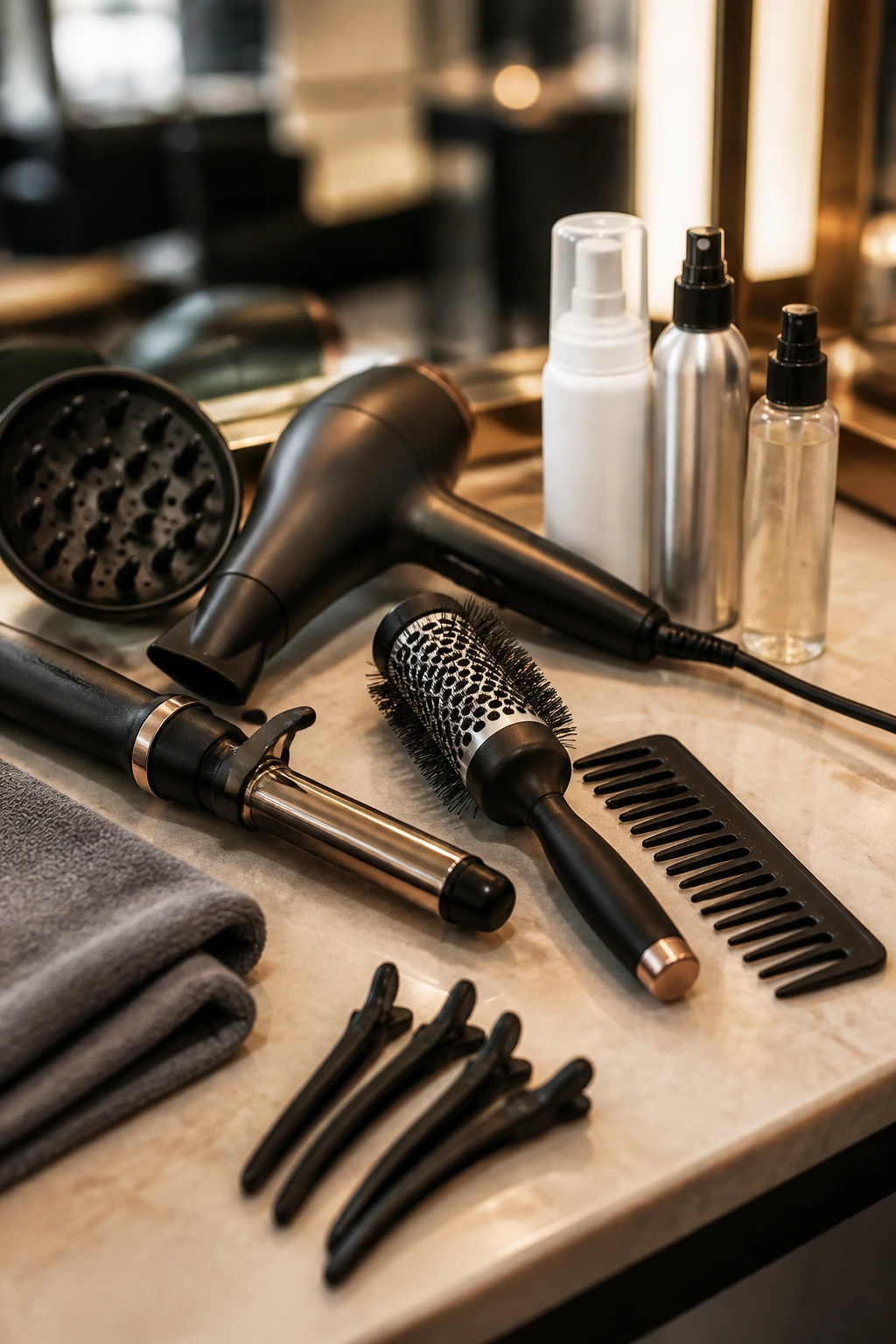 Close-up of hairstyling tools on a salon counter, including dryer, diffuser, curling iron, brush, comb, towel and sprays.