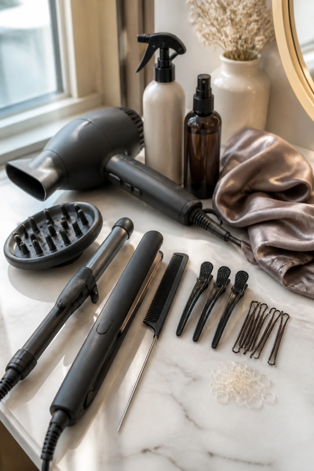 Close-up of essential hairstyling tools arranged on a vanity.