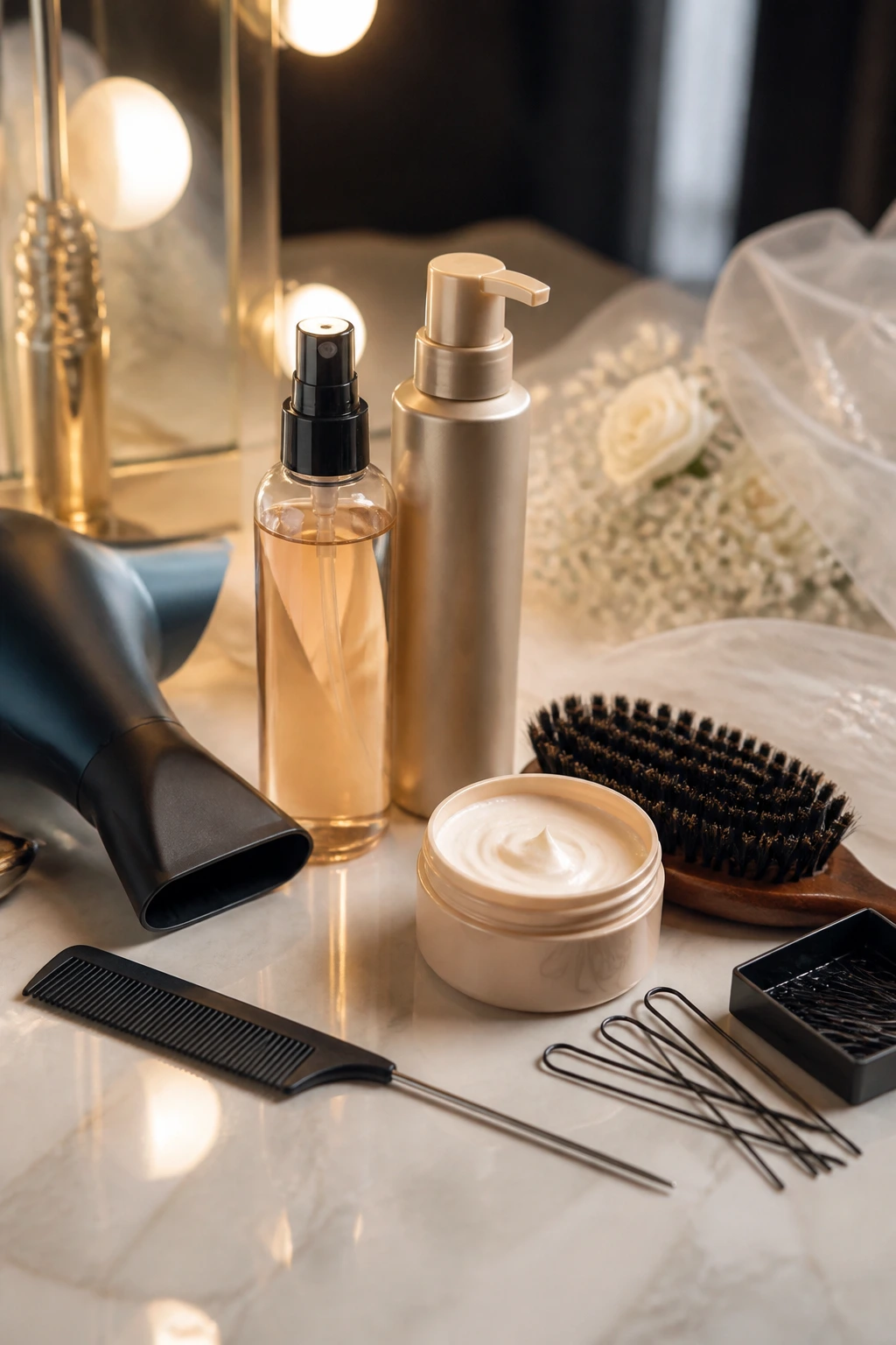 Close-up of wedding hairstyling tools on a vanity for thick-hair prep