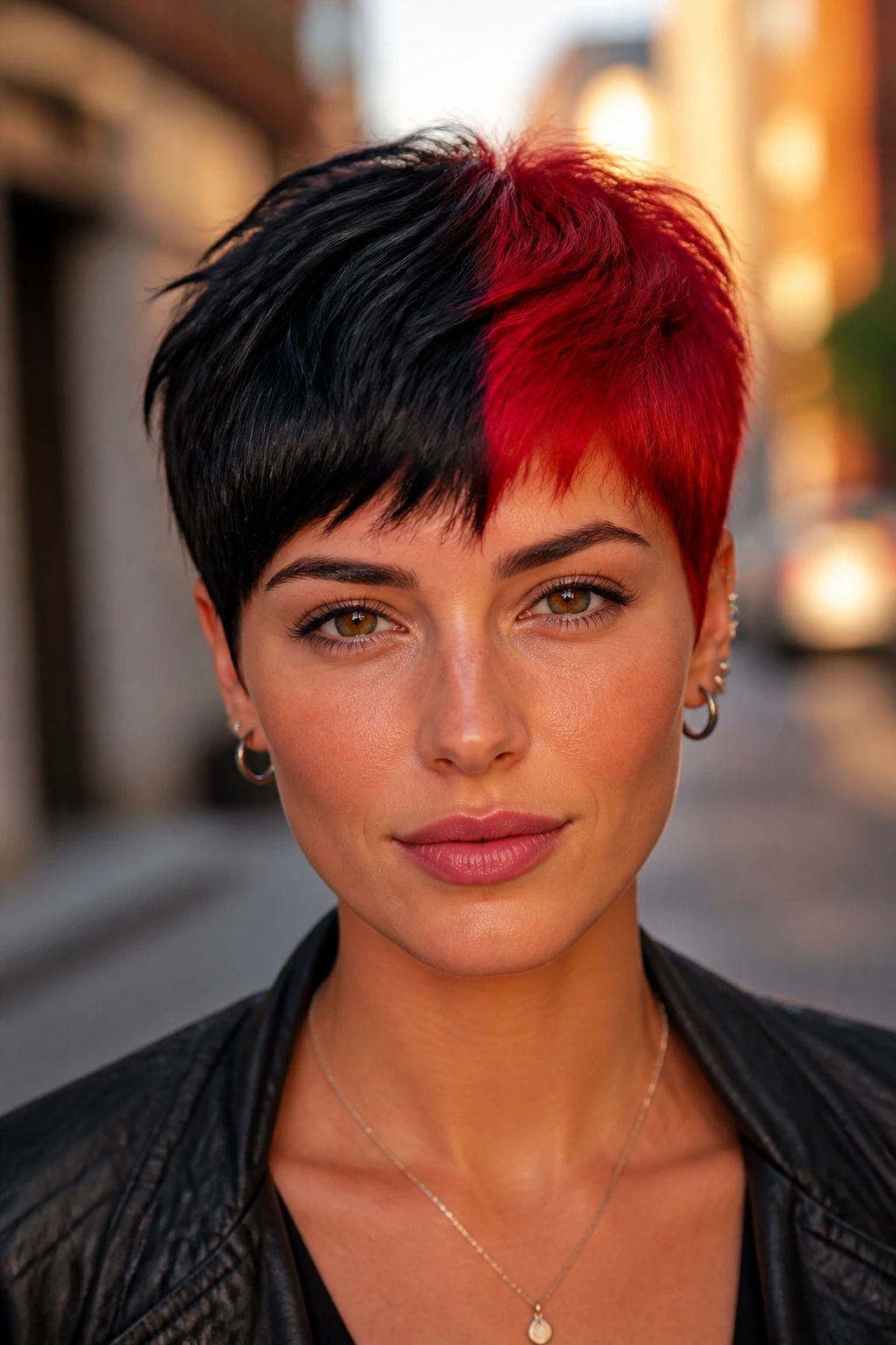 Close-up of a real person with a bold half-and-half pixie showing black and crimson color split