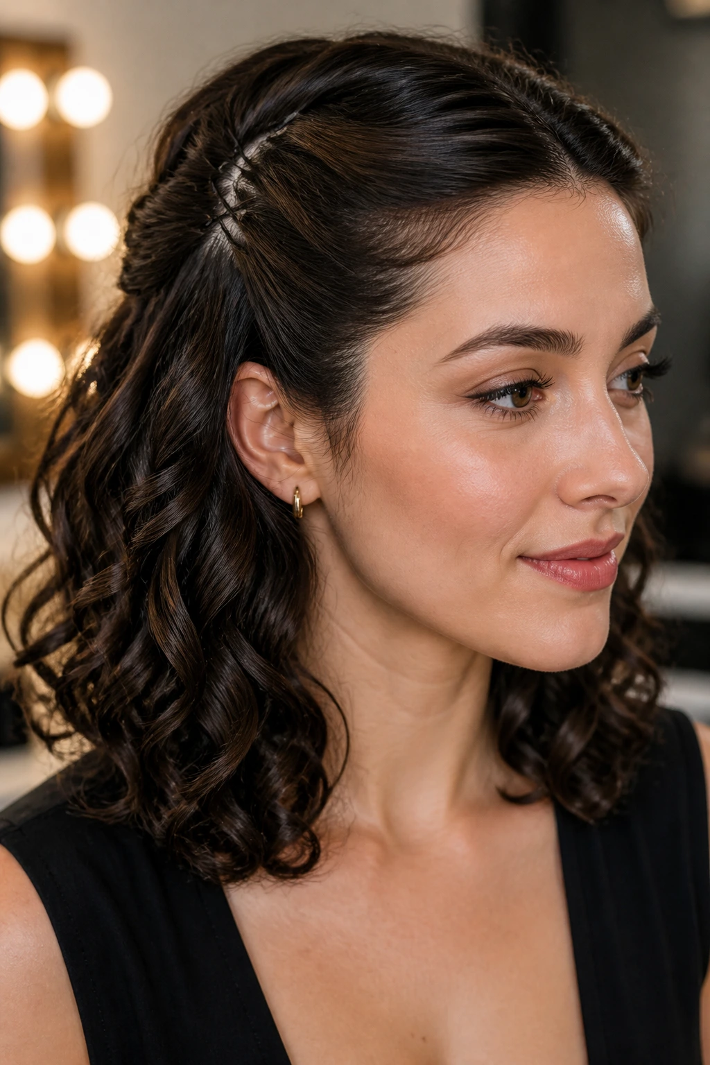 Pinned half-back curls with clean hairline on shoulder-length hair