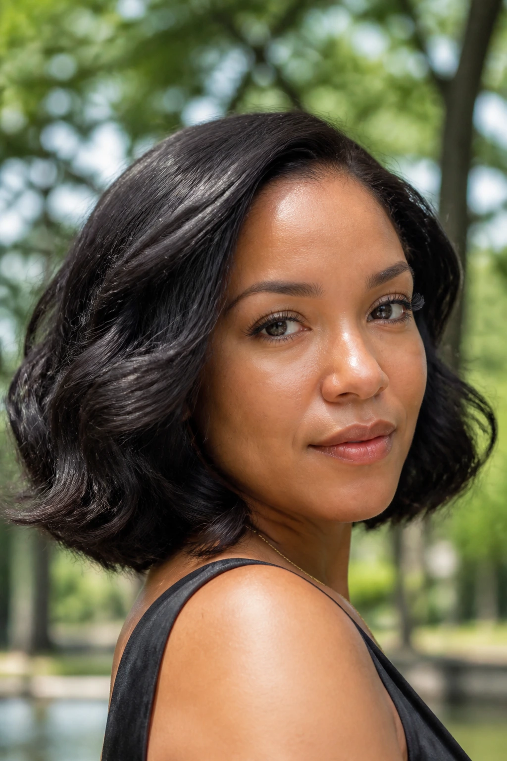 Close-up portrait of a real woman with Half-Blown Natural-Texture Bob showing natural texture and movement