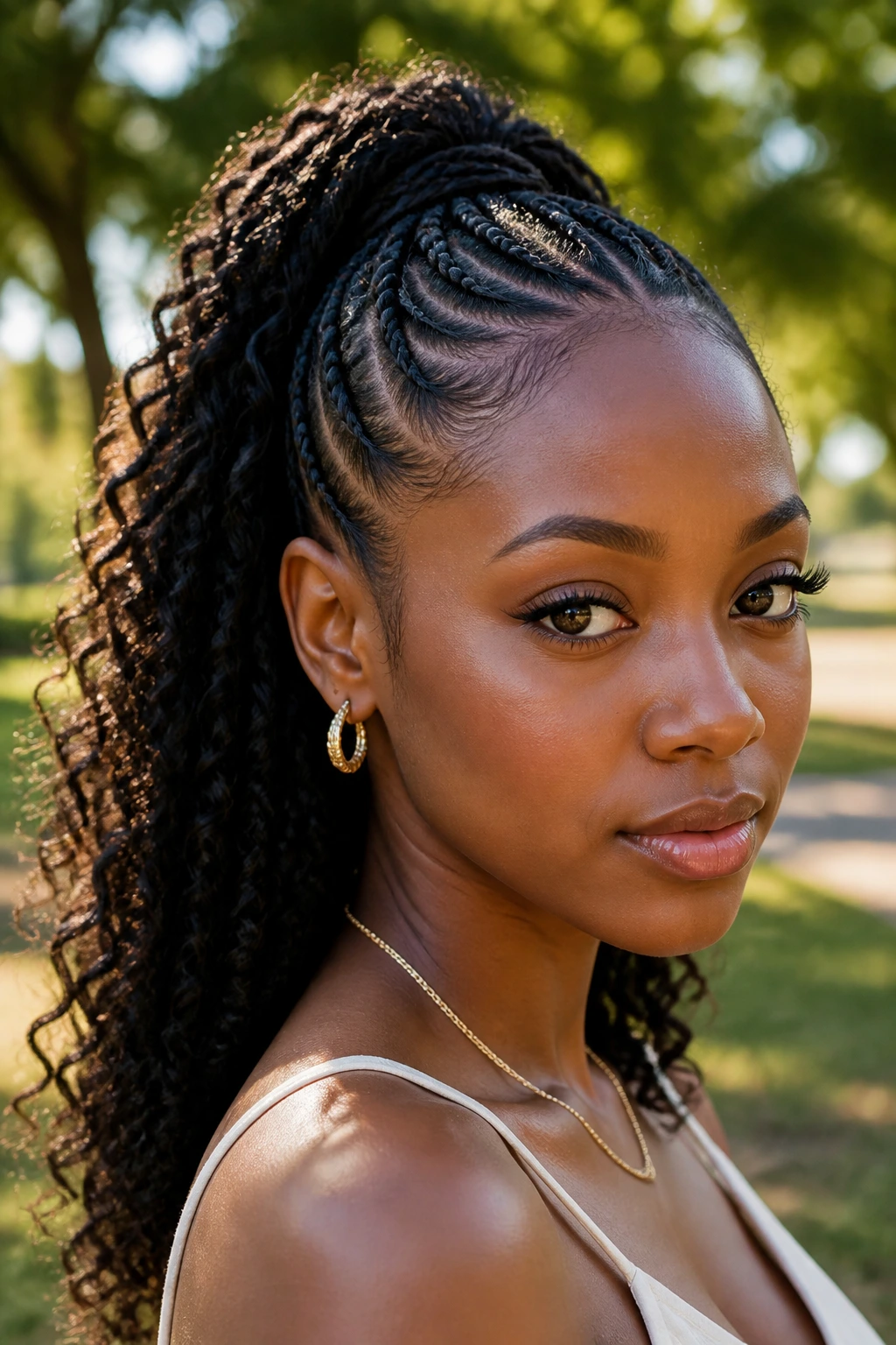 Close-up of a Black woman with half braided ponytail and curly ends