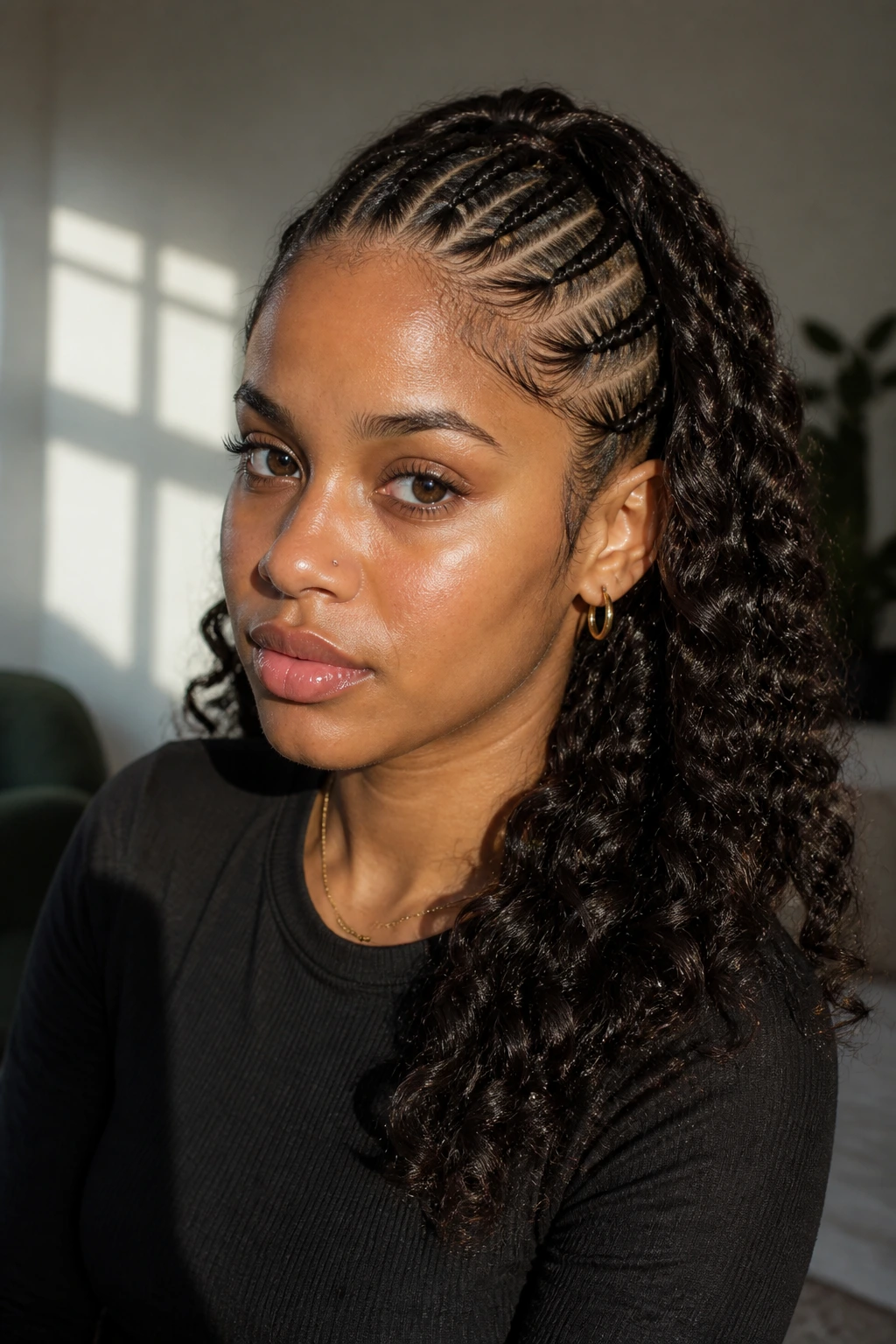 Portrait of a real woman with front half braids and back curls under window light.