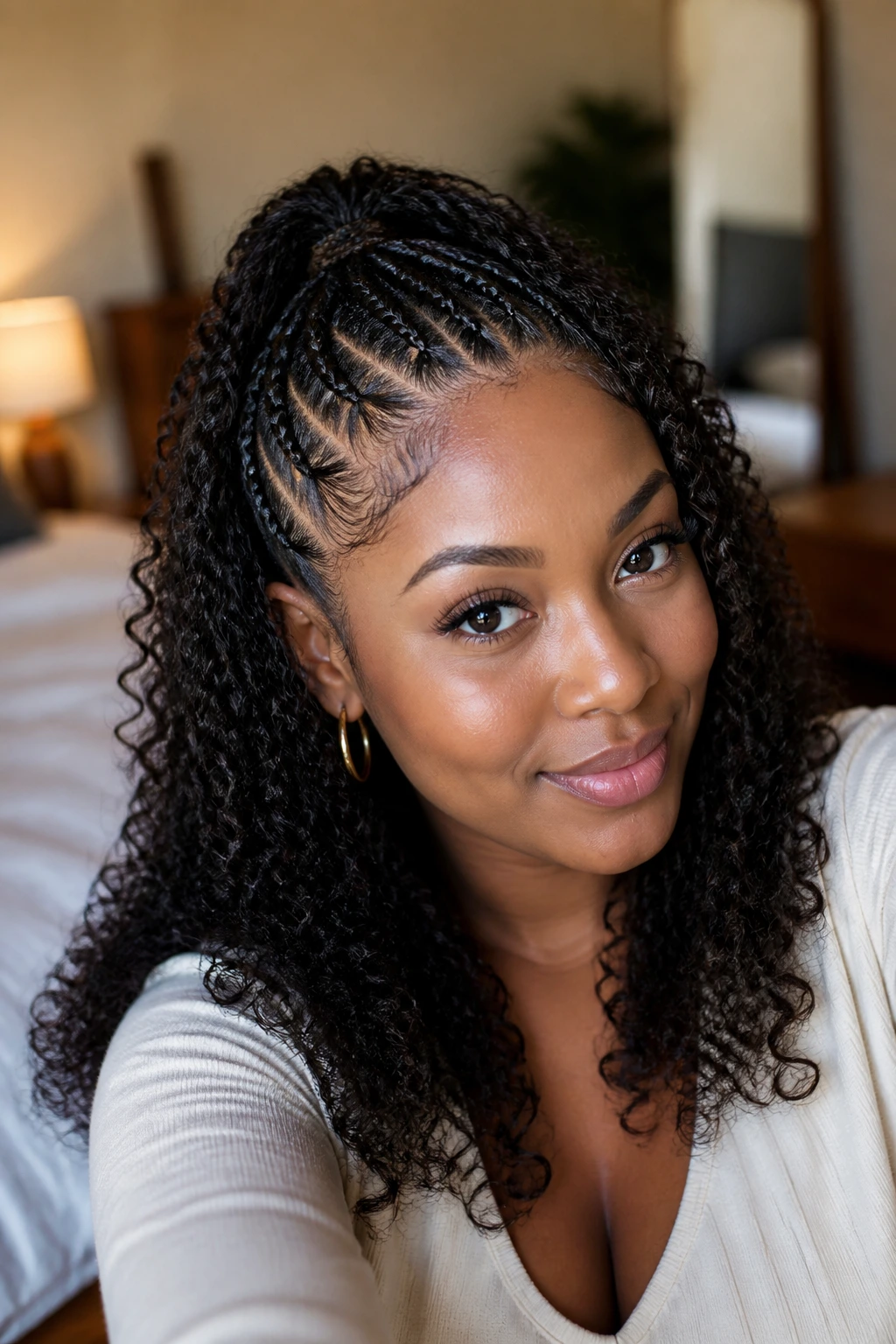 Close-up portrait of a real Black woman with half braids at the crown and curly hair, natural light.