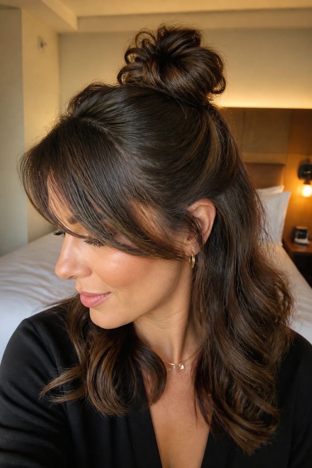 Close-up portrait of a real woman with a half bun and curled ends and side-swept bangs