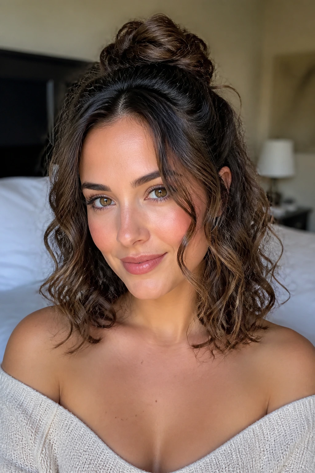 Close-up of a real woman with a half-bun and cascading curls in warm natural light