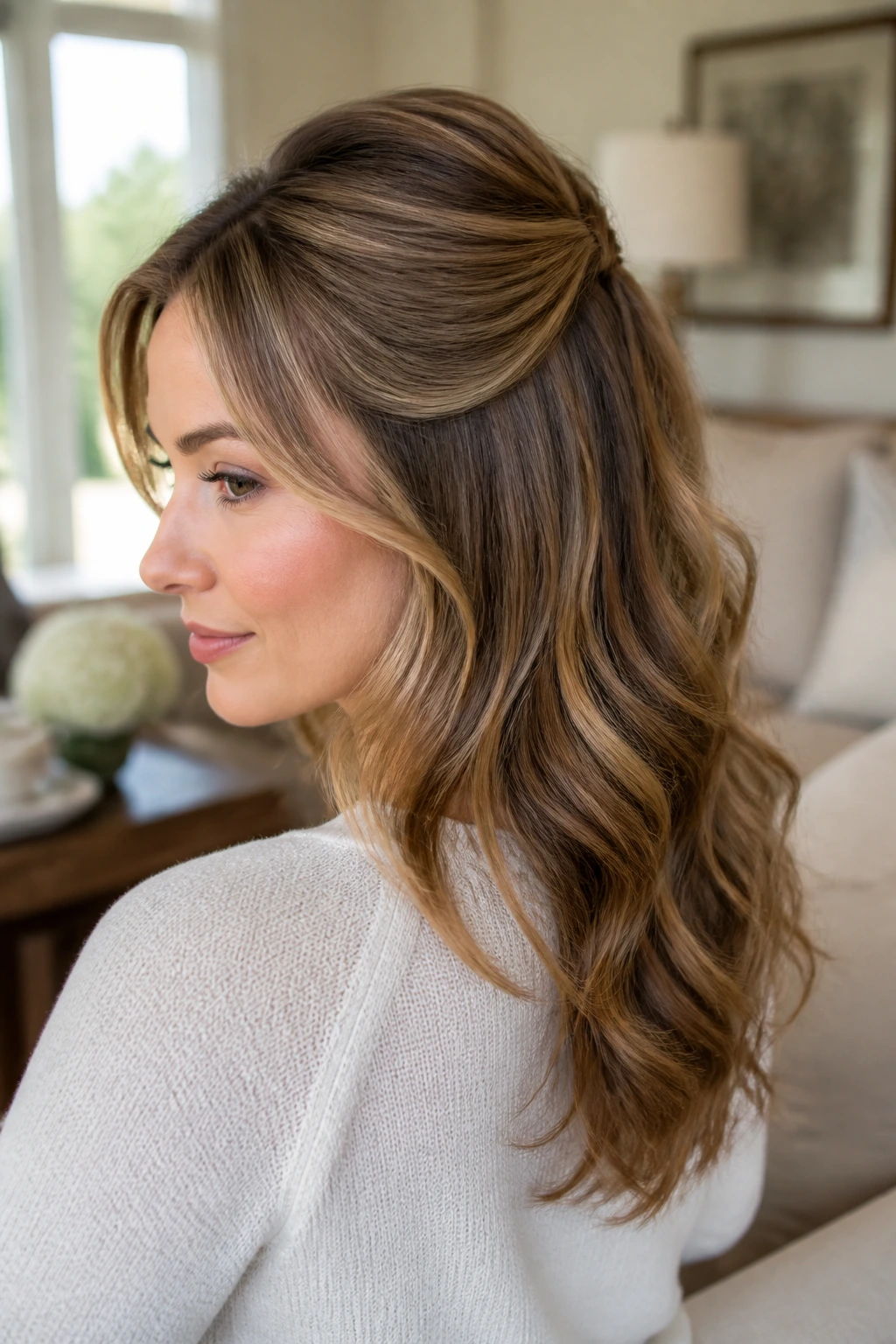 Real-hair half-up crown clipped short bob with lifted crown and loose curled ends.