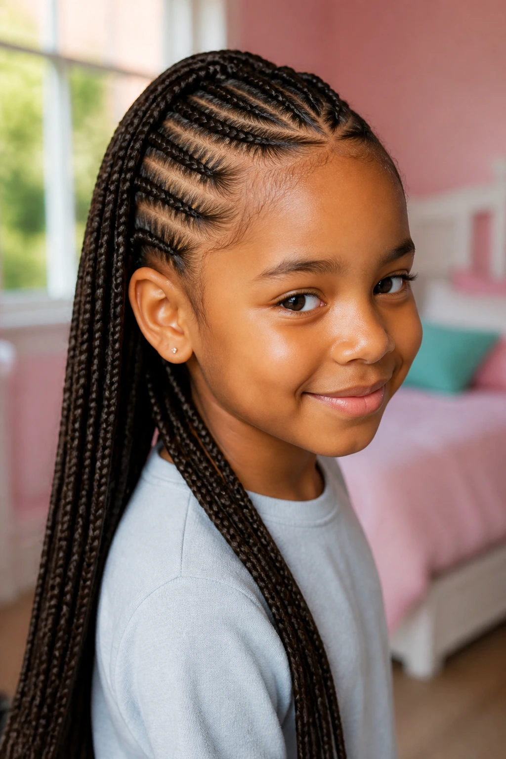 Close-up portrait of a real child showing a half-cornrow half-braid combo hairstyle