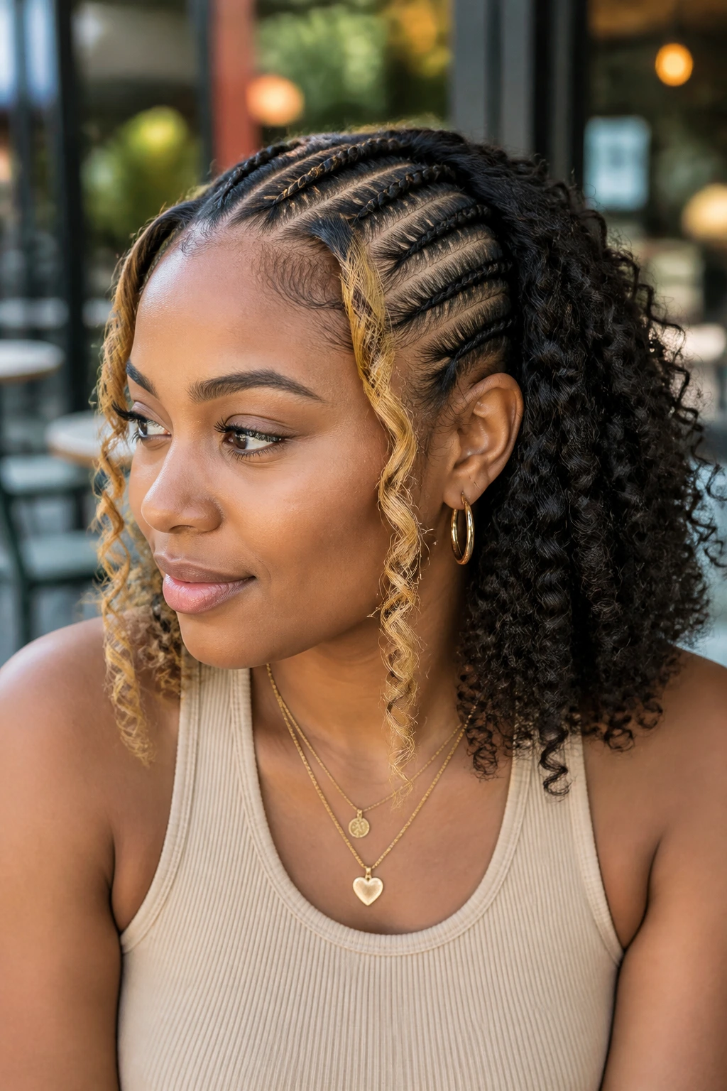 Portrait of a real woman with half-cornrow, half-crochet hairstyle and golden side pieces.