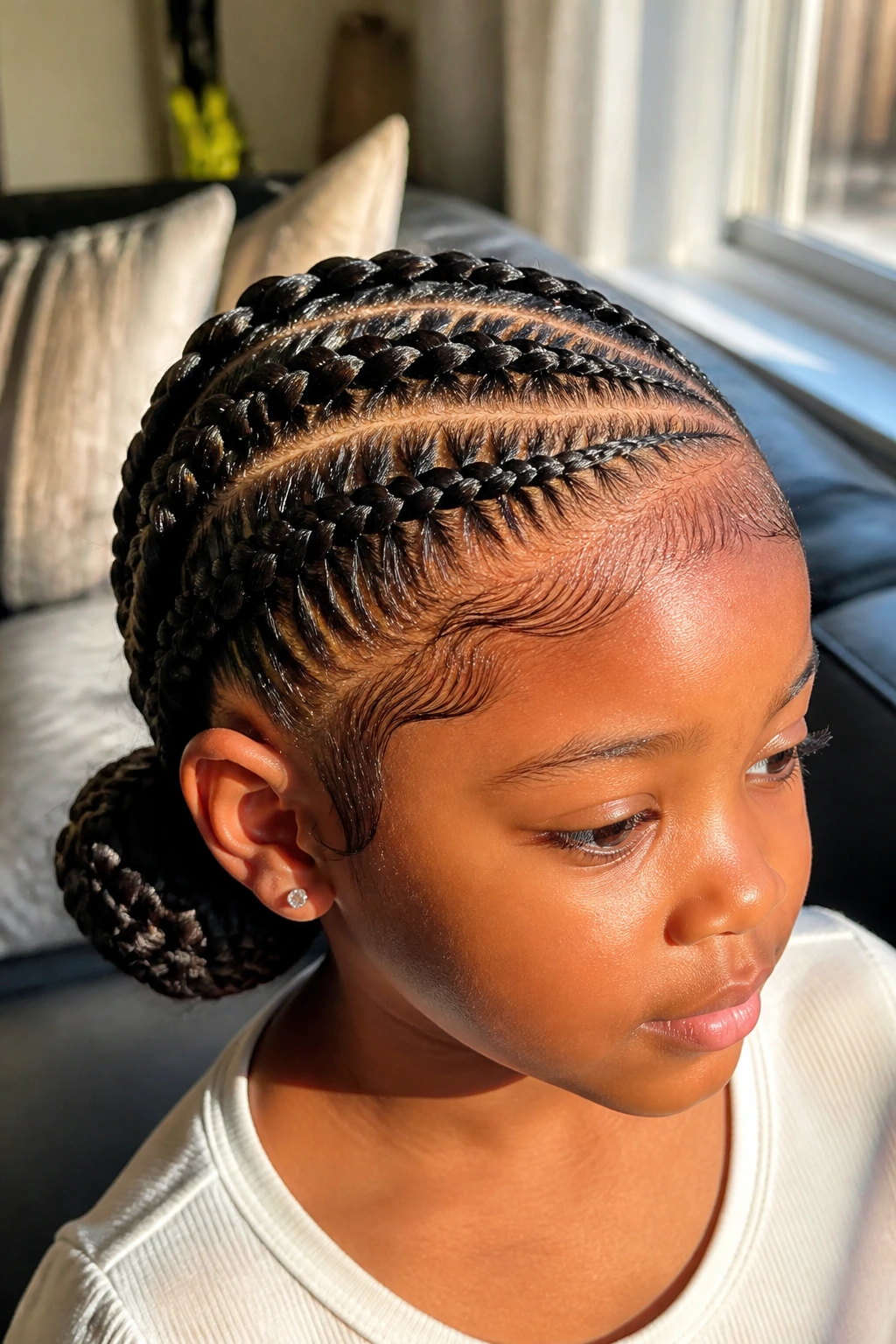 Close-up portrait of a real girl with crown cornrows and low bun in sunlit room