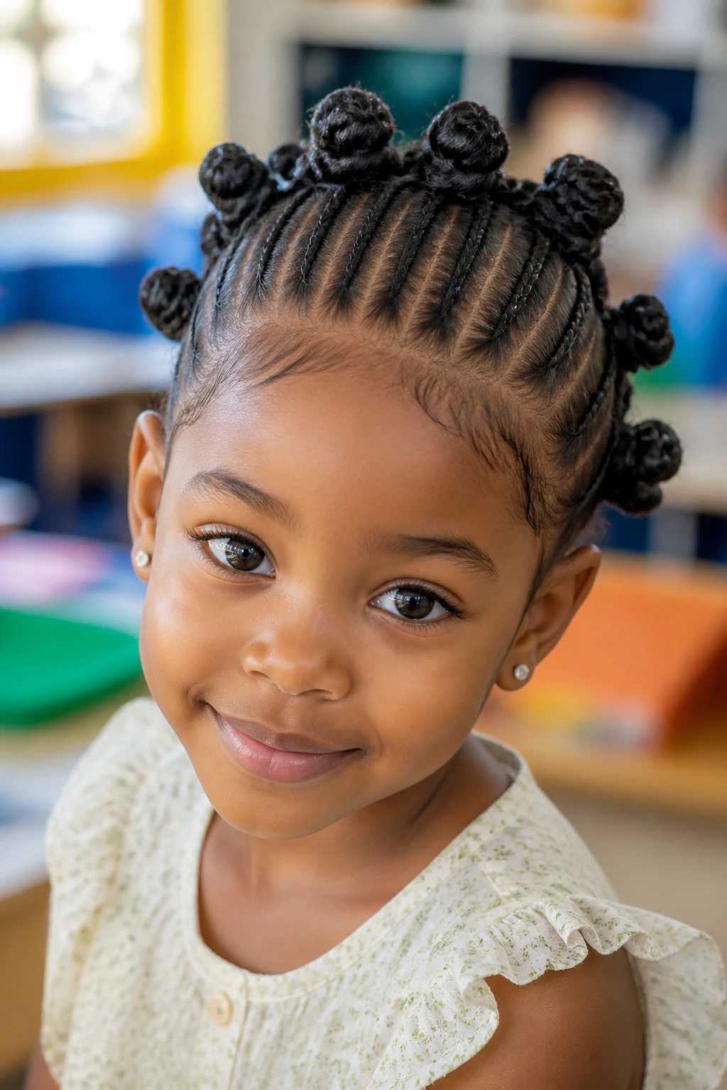 Close-up portrait of a real girl with half cornrows and bantu knots at crown in bright room