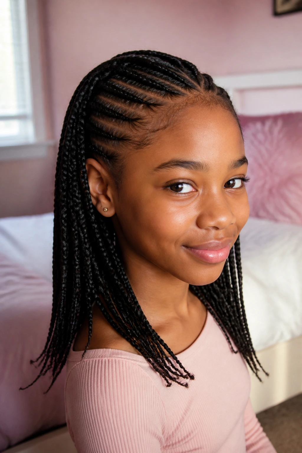 Real girl with half cornrows and box-braid ends in a sunlit bedroom