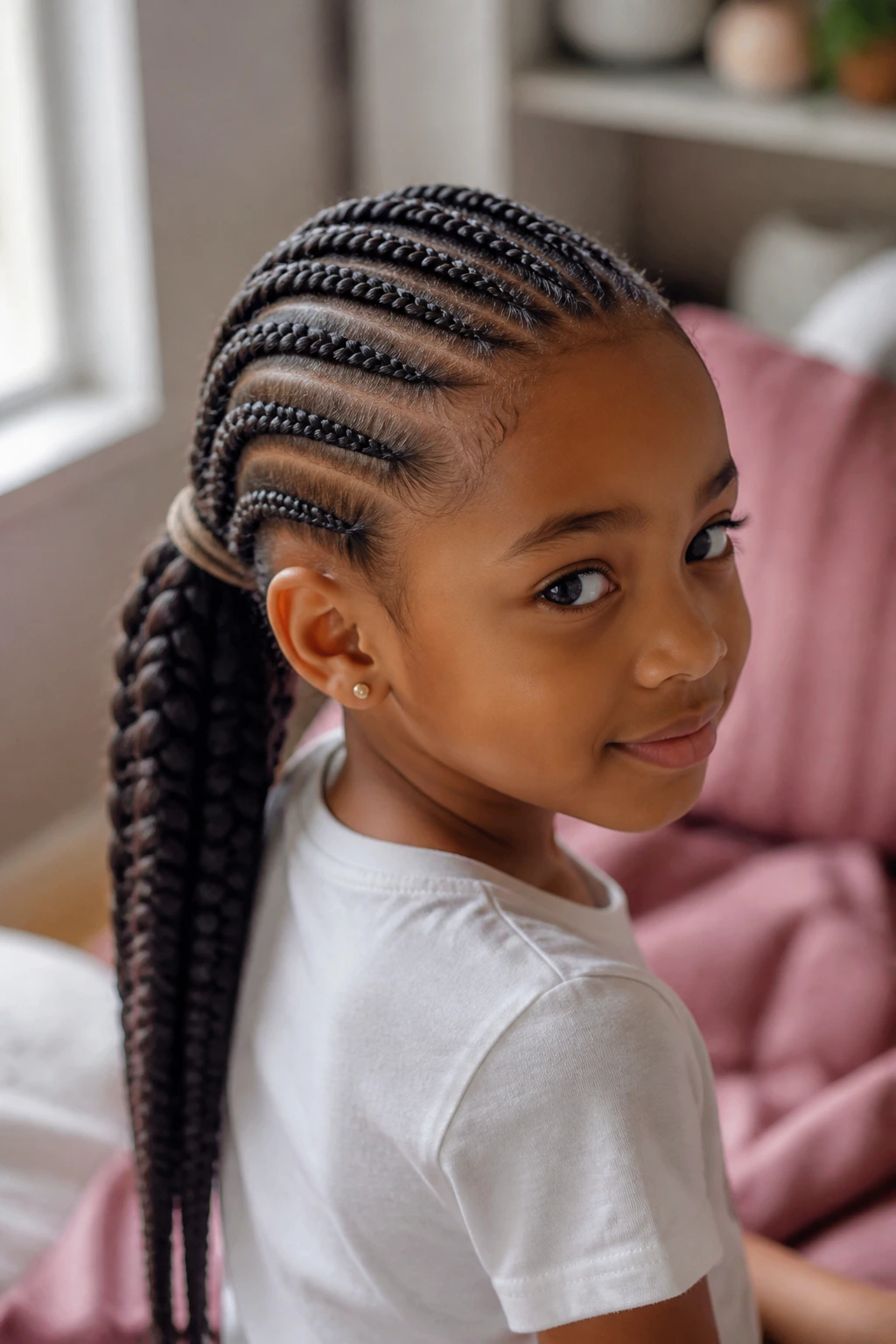 Close-up portrait of a real girl with half cornrows feeding into a braided ponytail
