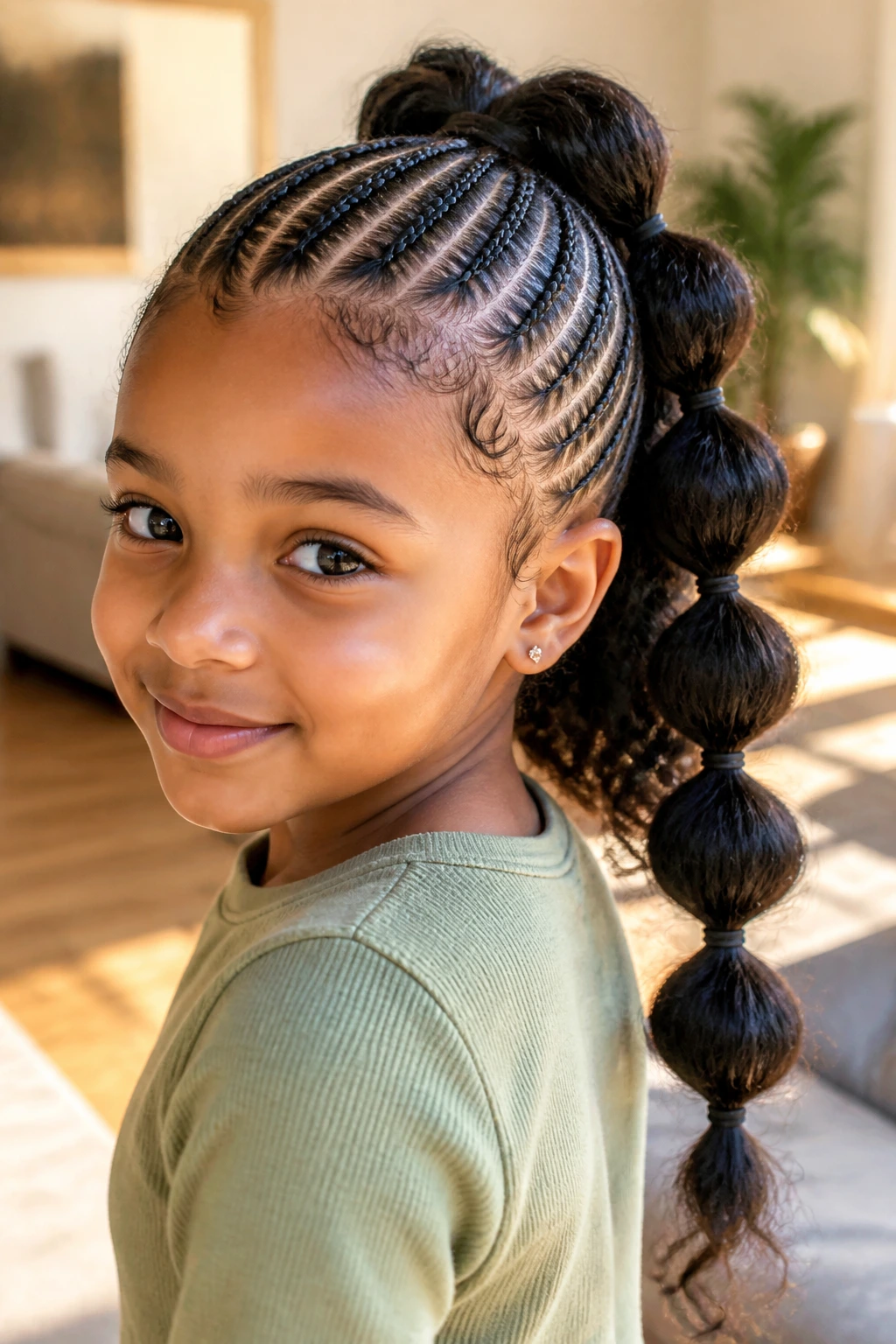 Close-up portrait of a real girl with half cornrows and bubble ponytail ends