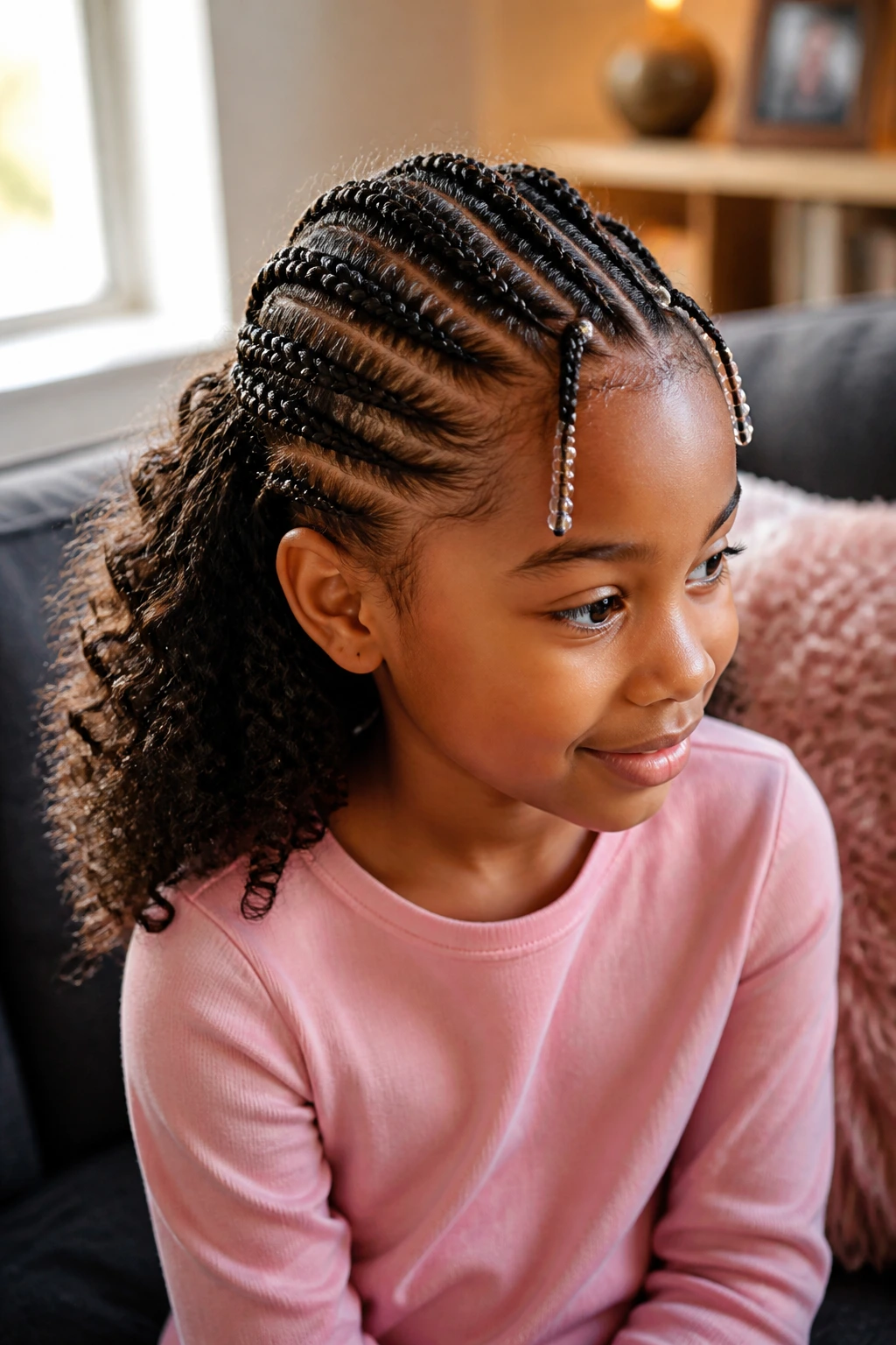 Close-up of a child with half cornrows and curly ends hairstyle