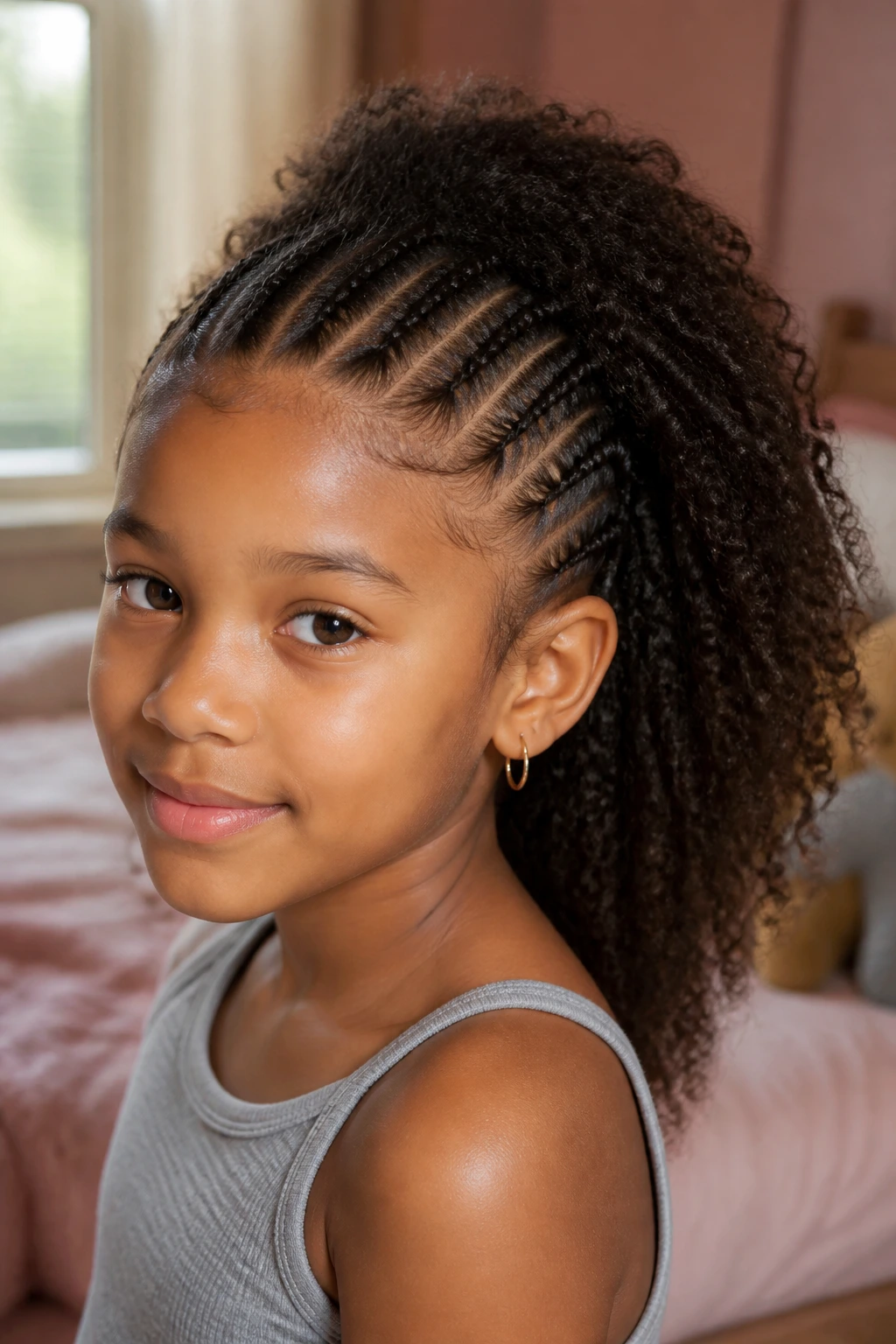 Close-up of a girl with half cornrows on thick hair front braids and loose back hair