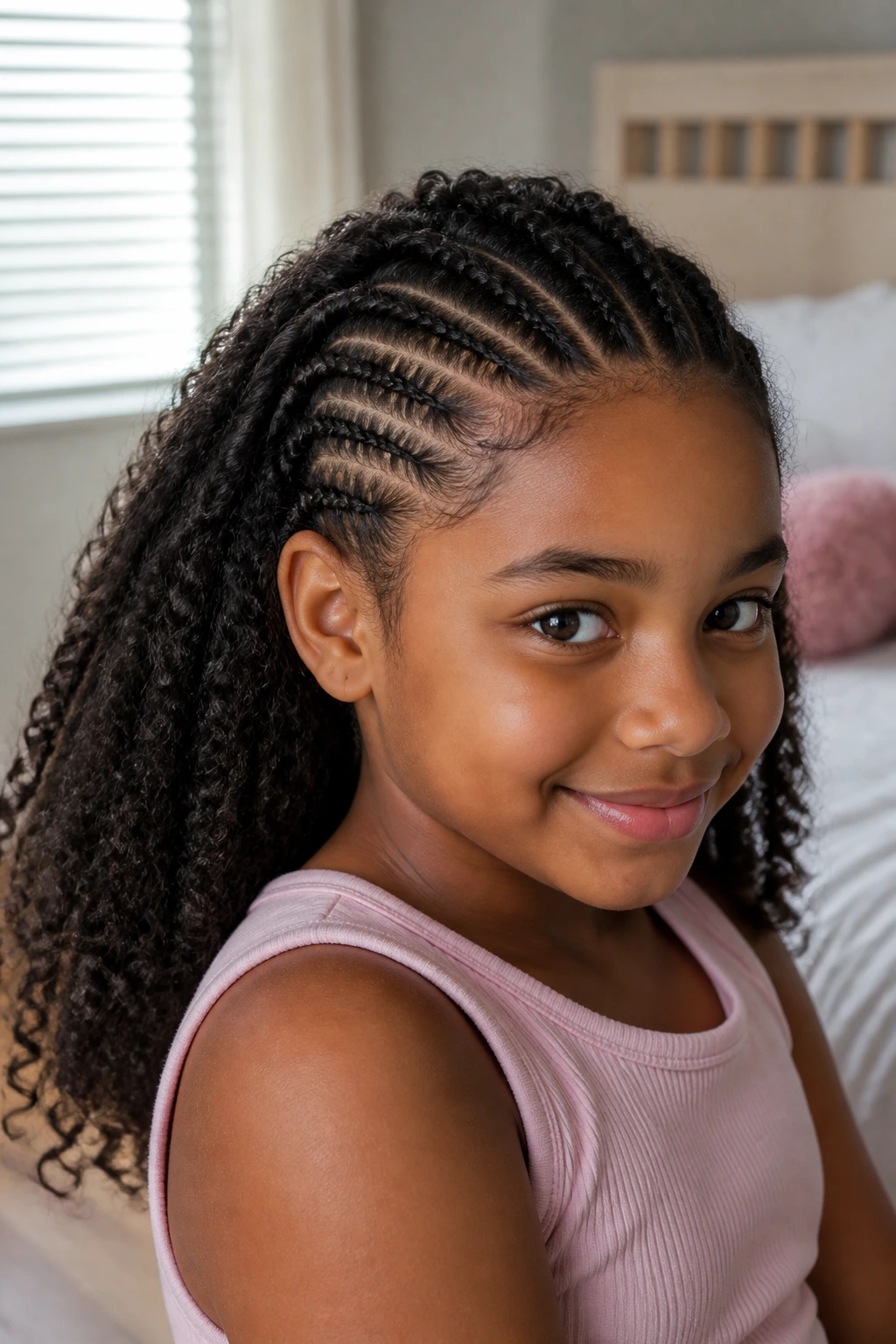 Close-up of a young girl with front half cornrows on thick hair, natural window light