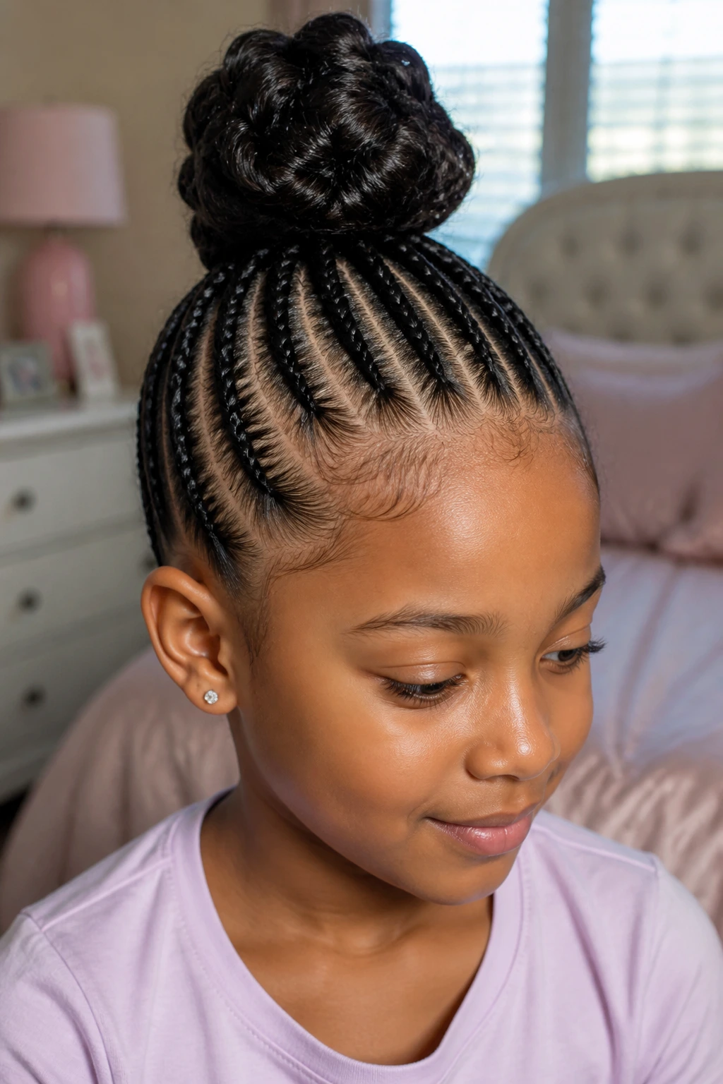 Girl with half cornrows leading to a top bun in warm bedroom light