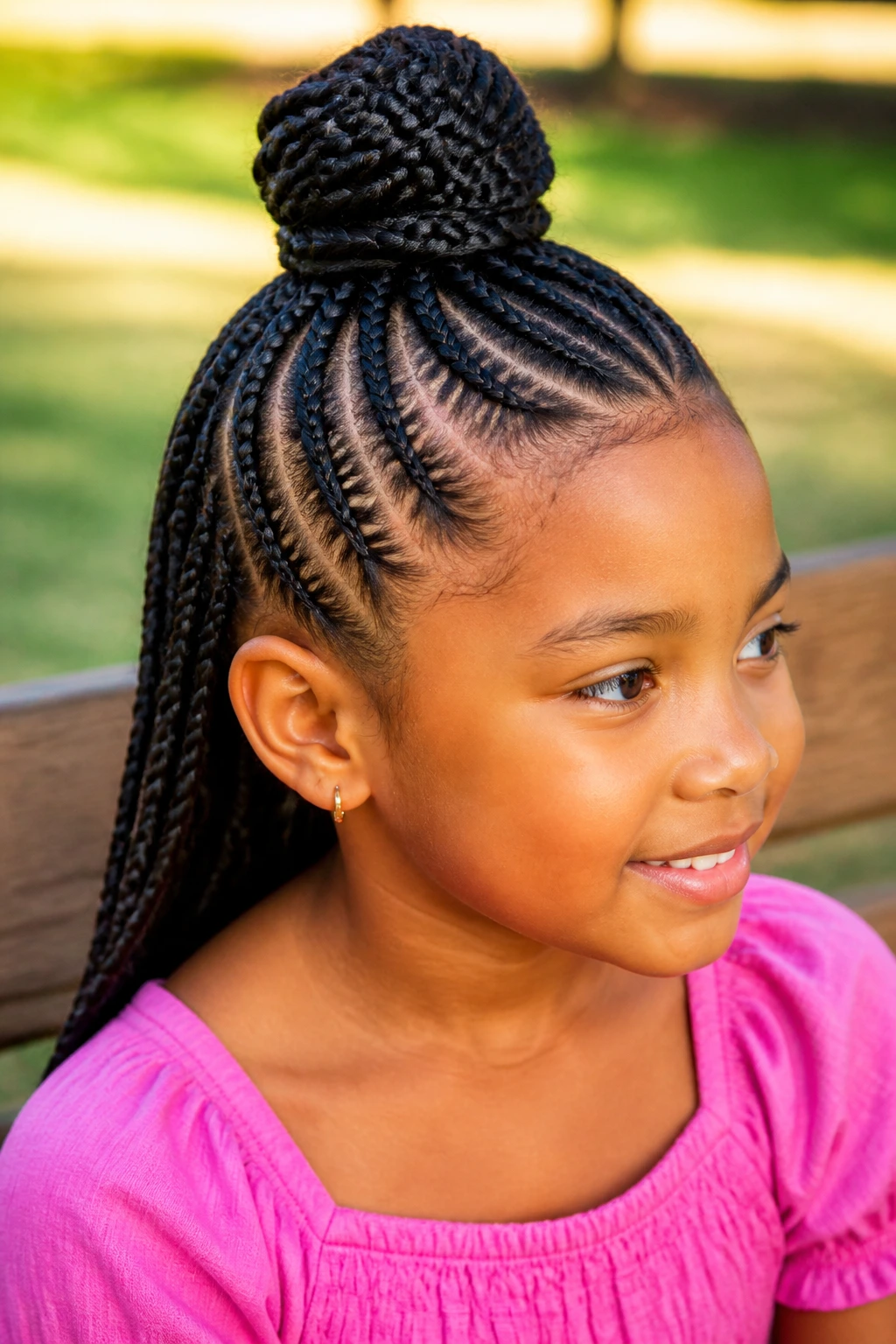 Real child with top knot and trailing braids in outdoor light