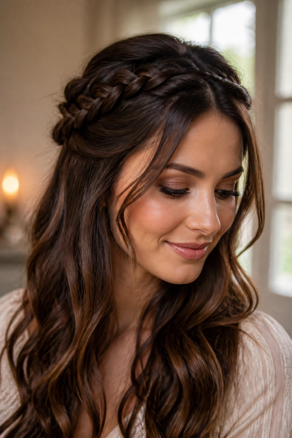 Portrait of brunette woman with half-crown braid