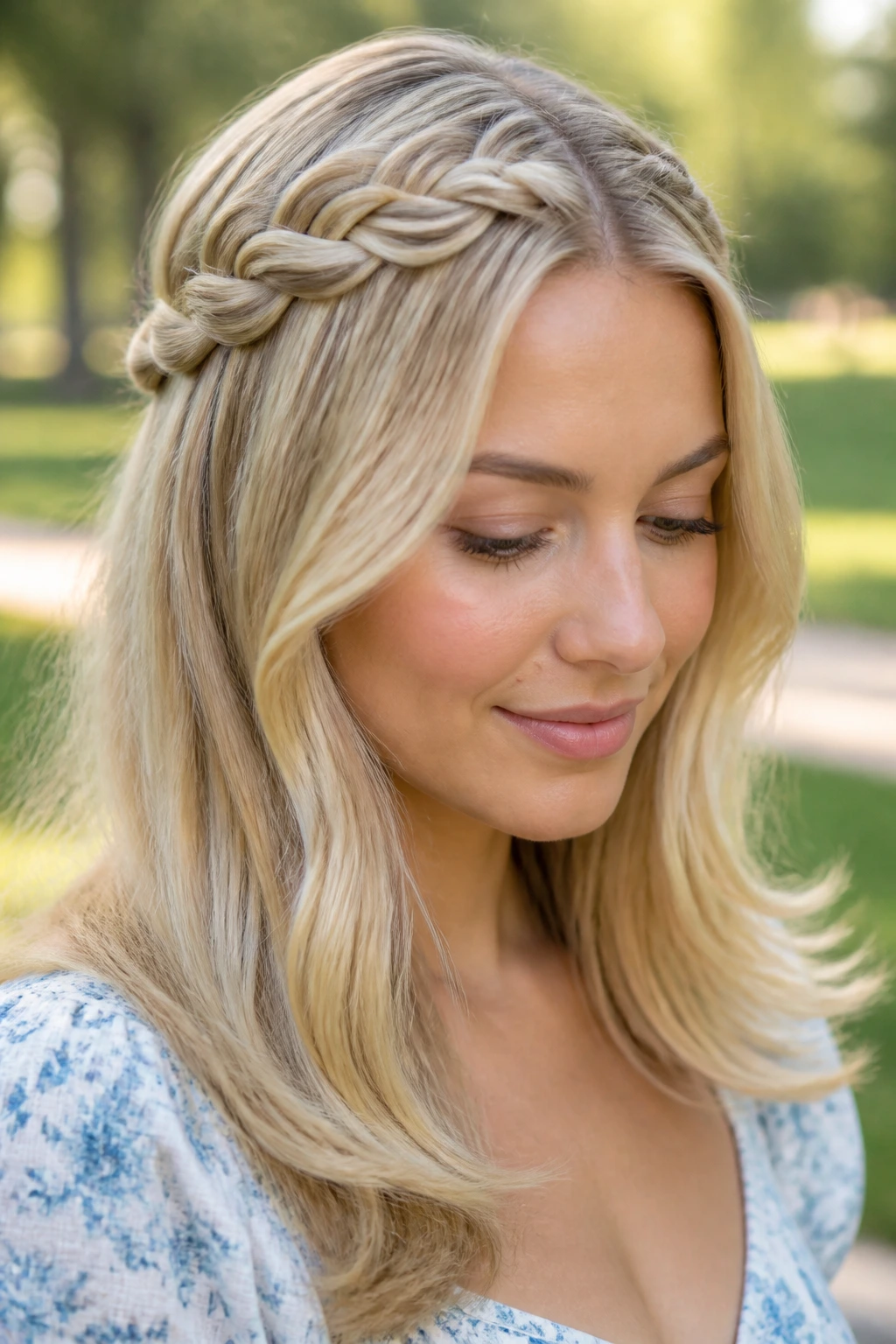 Close-up of a half-crown braid with flipped ends on pale blonde hair.
