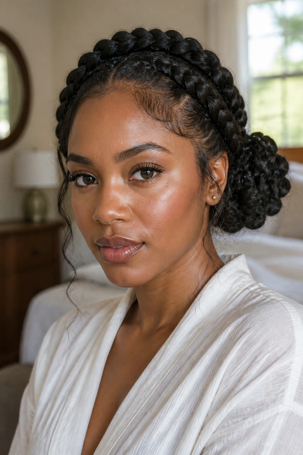 Close-up of a real woman wearing half-crown braids with a soft side bun