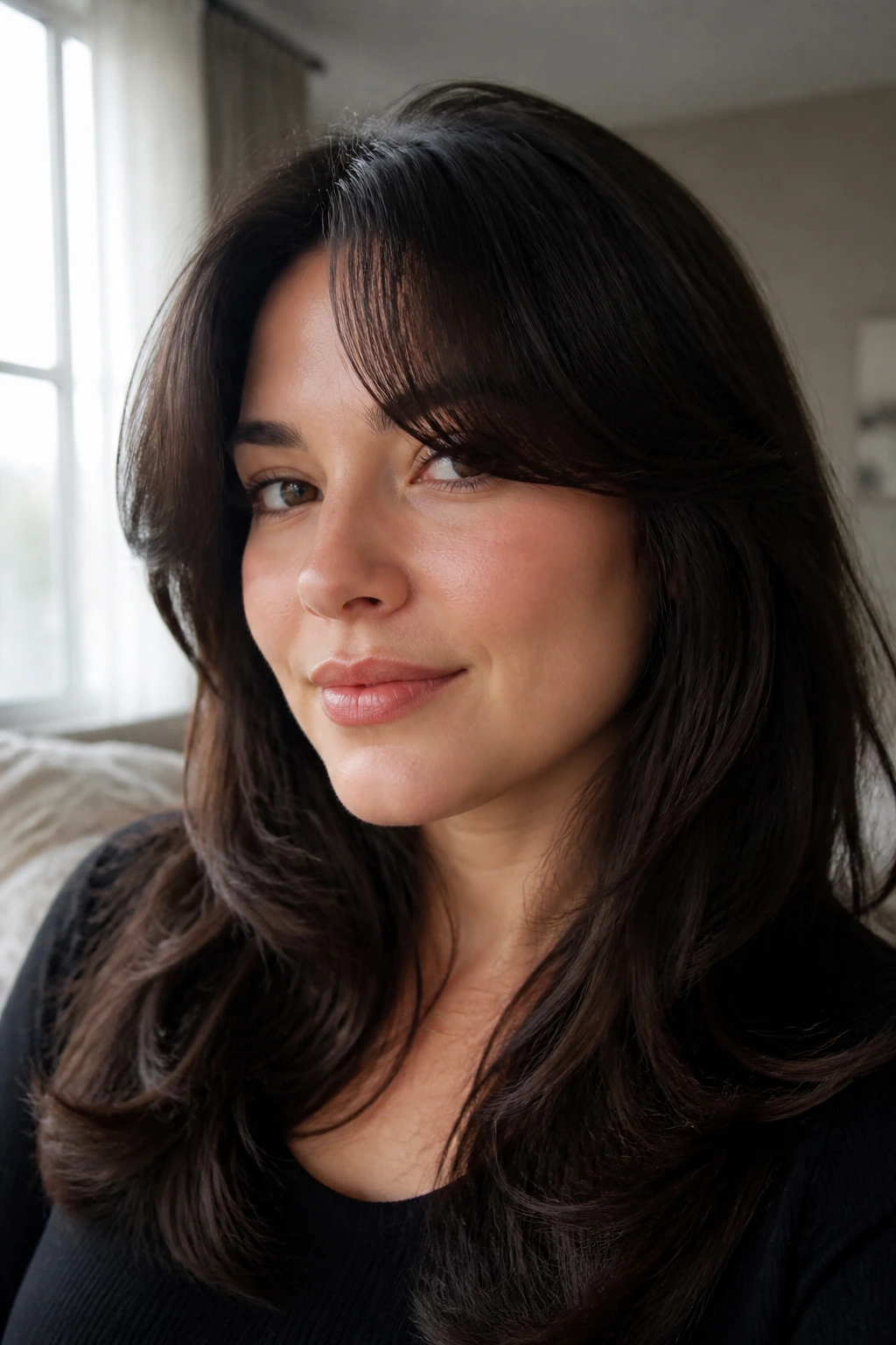 Close-up of a real woman with half curtain bangs and longer outer edges.