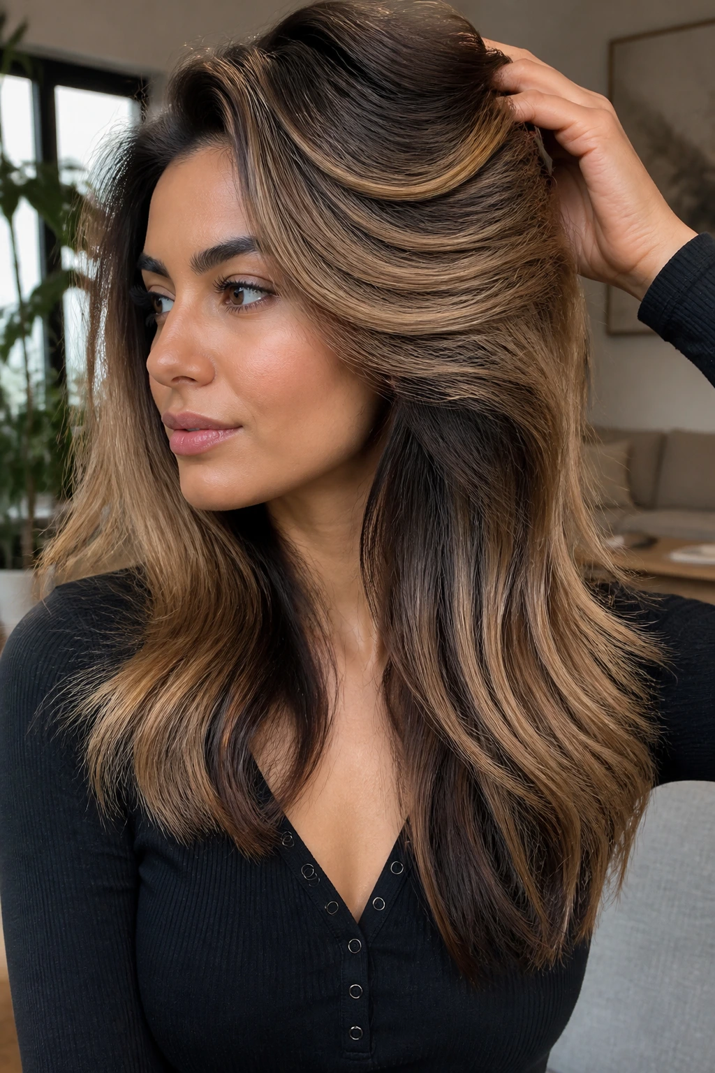 Real woman with top-sides lighter and underside darker half-head balayage